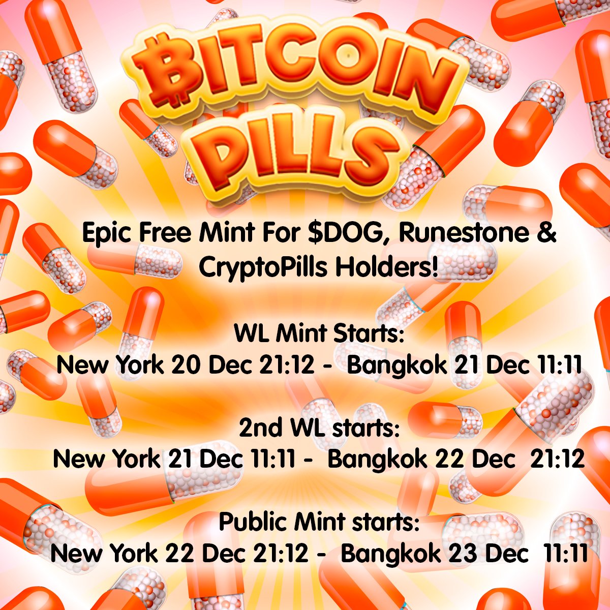 Bitcoin Pills - Epic Free Mint For $DOG, #Runestone &amp; #CryptoPills Holders!  💊Mint Schedule 20/23 Dec ‼️

Follow &amp; Retweet!!! 💊😎🚀
t.me/thebitcoinpills
