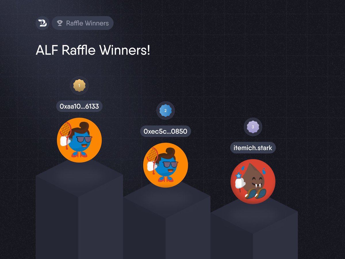 ALF Raffle is now over🎉

Congratulations to all the winners🏆

Don't forget to return to our app to get your funds back!  

A big thanks to the <a href="/ALF_Starknet/">Alf the Alpha</a> team for the rewards &amp; to the entire community🙏