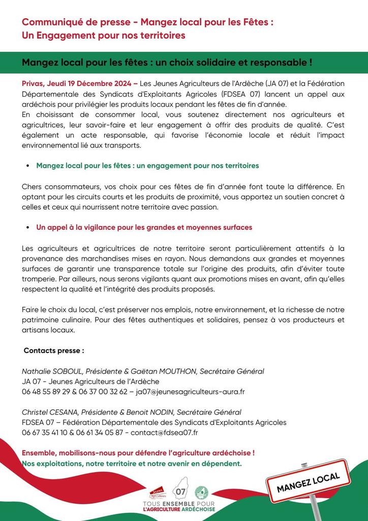 🌟 Privilégions nos produits locaux pour les fêtes ! 🎄🍎

Les Jeunes Agriculteurs de l'Ardèche (JA 07) et la FDSEA 07 appellent chacun d’entre vous à soutenir nos agriculteurs en faisant le choix de produits locaux et de saison pour vos tables de fêtes.

#ConsommerLocal #ardèche