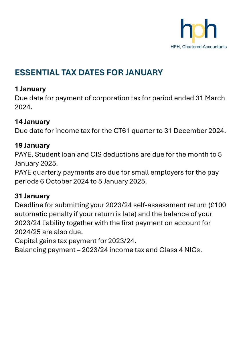Essential dates for January #hph #tax #accountants