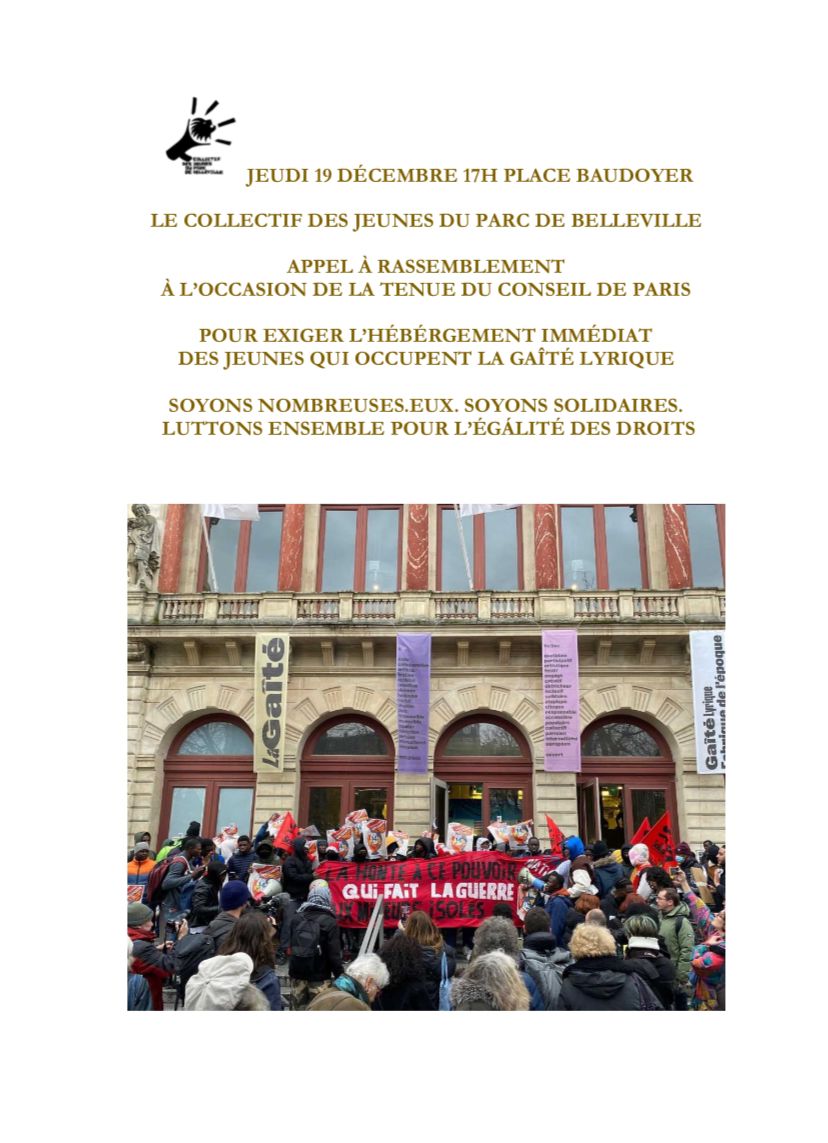 MSolidarites's tweet photo. 🔴Avec les mineur.e.s isolé.e.s en lutte qui occupent la gaité lyrique !

MANIFESTATION  AUJOURD'HUI PENDANT LE CONSEIL DE PARIS 🔥 VENEZ TOU·TE·S POUR EXIGER L'HÉBERGEMENT IMMÉDIAT DES JEUNES QUI OCCUPENT LA GAÎTÉ LYRIQUE ✊

📍Place Baudoyer - metro hôtel de ville 
🕦 17H00 https://t.co/CPPuT8lEZY
