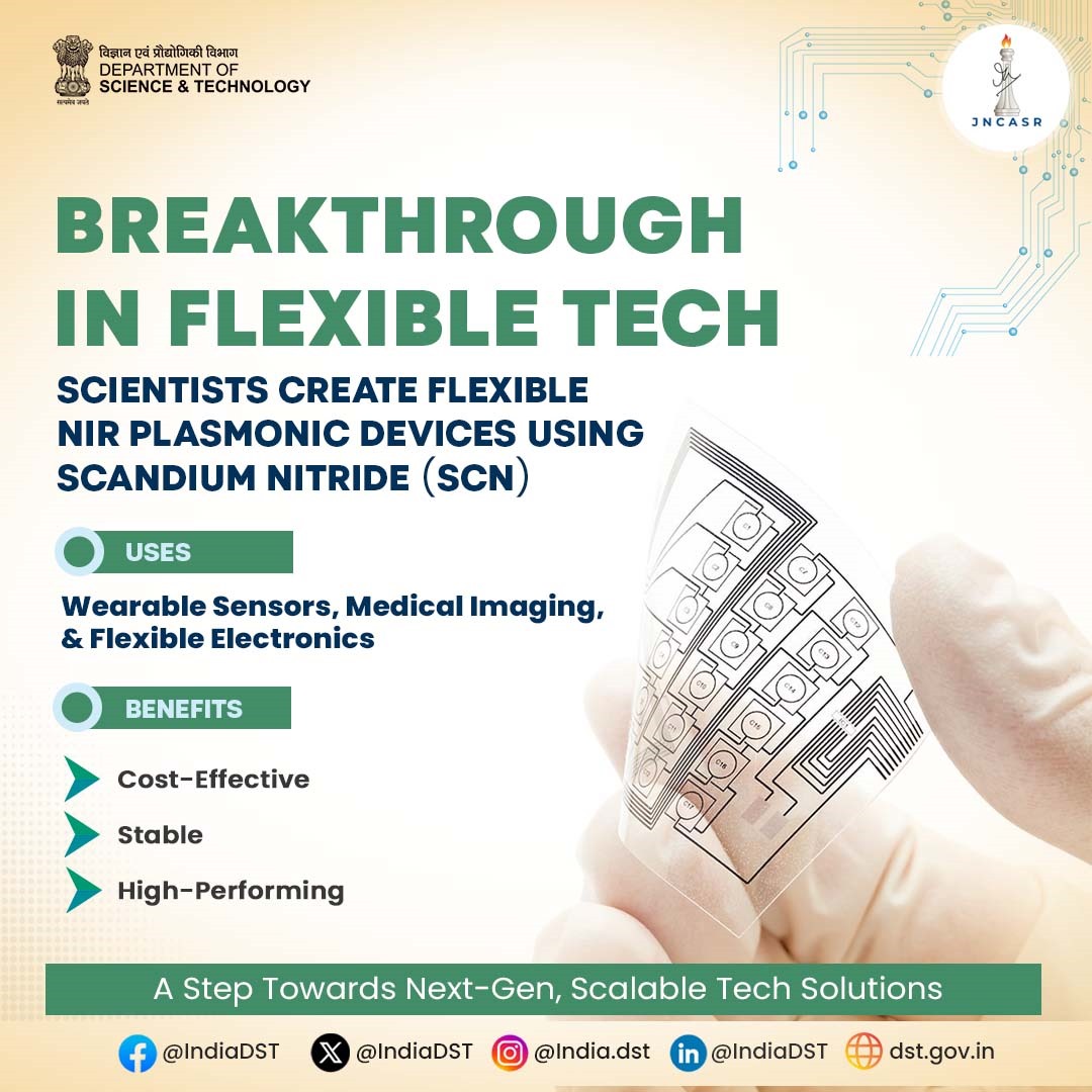 Scientists <a href="/jncasr/">JNCASR Bangalore</a>, an autonomous institute of <a href="/IndiaDST/">DSTIndia</a>, developed flexible near-infrared plasmonic devices using affordable scandium nitride.

It paves the way for advanced wearable sensors, medical imaging, &amp; next-gen flexible electronics

🔗dst.gov.in/scientists-dev…