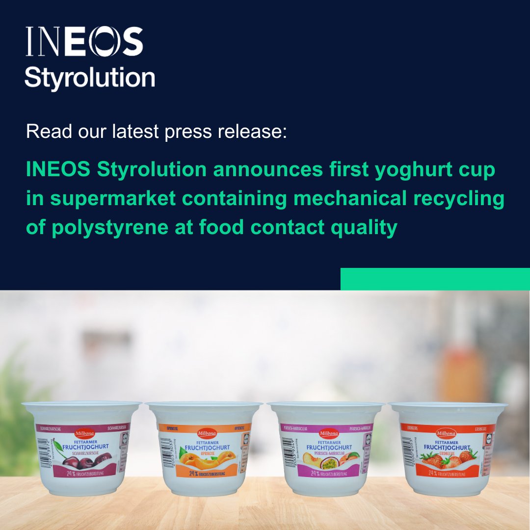 Enjoy our latest press release on “INEOS Styrolution announces first yoghurt cup in supermarket containing mechanical recycling of polystyrene at food contact quality”: lnkd.in/dkDhqmFH