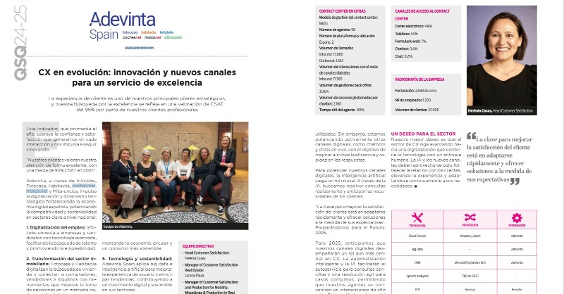 Adevinta's tweet photo. In the latest issue of @CCenterHub, our Head of Customer Satisfaction, Hèrenia Casas, explores how we blend #innovation, #AI, and a human-centric approach to achieve 95% satisfaction with our brands @InfoJobs, @fotocasa, @habitaclia, @cochesnet, @motosnet and @Milanuncios.