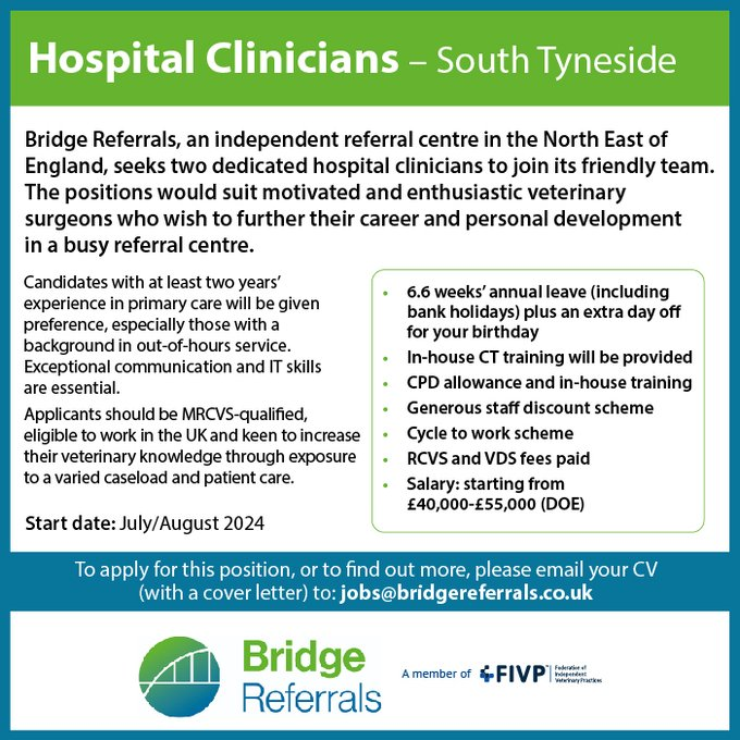 IVPCareers's tweet photo. Bridge Referrals, an independent referral centre in the North East, is looking for two veterinary surgeons to join its friendly team as hospital clinicians.   See the job description: https://t.co/LG3jNenNz7……………… #vetjobs #veterinarycareers https://t.co/WZWUTrmvxf