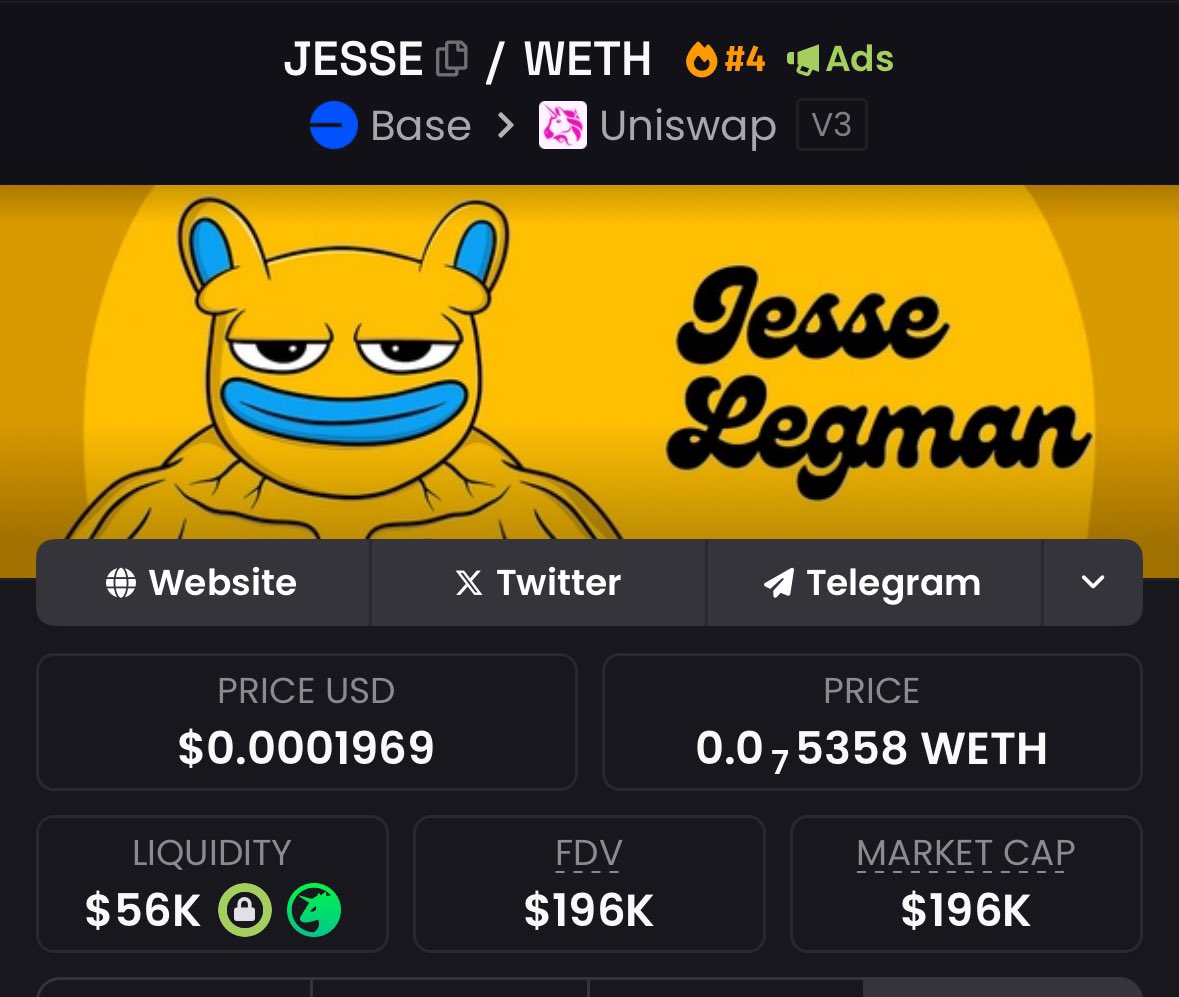 JesseLegBase's tweet photo. @fungibIes MARKET DOWN?

$JESSE LEGMAN UP

Jesse is the name of the founder of base chain. 

Brett is the biggest meme on base chain. 

JESSE BIG PRICE HIGH https://t.co/xPgeJPL5VV