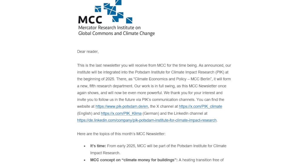 MCC Berlin (@mcc_berlin) on Twitter photo The free December 2024 <a href="/MCC_Berlin/">MCC Berlin</a> #Newsletter is out!
It will be the last one for the time being since MCC will be integrated into <a href="/PIK_Climate/">Potsdam Institute for Climate Impact Research PIK</a> at the beginning of 2025.
🇬🇧us8.campaign-archive.com/?u=2c1b9ae6409…
🇩🇪us8.campaign-archive.com/?u=2c1b9ae6409…
📷 The free December 2024 <a href="/MCC_Berlin/">MCC Berlin</a> #Newsletter is out!
It will be the last one for the time being since MCC will be integrated into <a href="/PIK_Climate/">Potsdam Institute for Climate Impact Research PIK</a> at the beginning of 2025.
🇬🇧us8.campaign-archive.com/?u=2c1b9ae6409…
🇩🇪us8.campaign-archive.com/?u=2c1b9ae6409…
📷