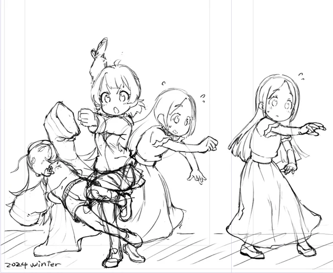 カンフーアクションな佑芽
カンフーしたかったポンコツお嬢
どうしてそうなったの貧弱フクロウ

という構図を作りたかったので練り練り。
千奈お嬢様が全然決まらずに描いちゃ消し。
思いの外様になっちゃった没案を添えて。 