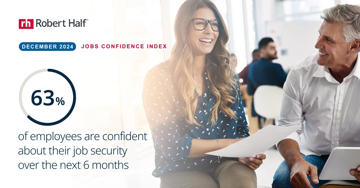 Our Robert Half Jobs Confidence Index has revealed that 63% of employees feel confident in their job security over the next six months - a record high since 2009. ✨ Check out the full report today: bit.ly/49ywLNm

#JobSecurity #CareerProgression #UKWorkers