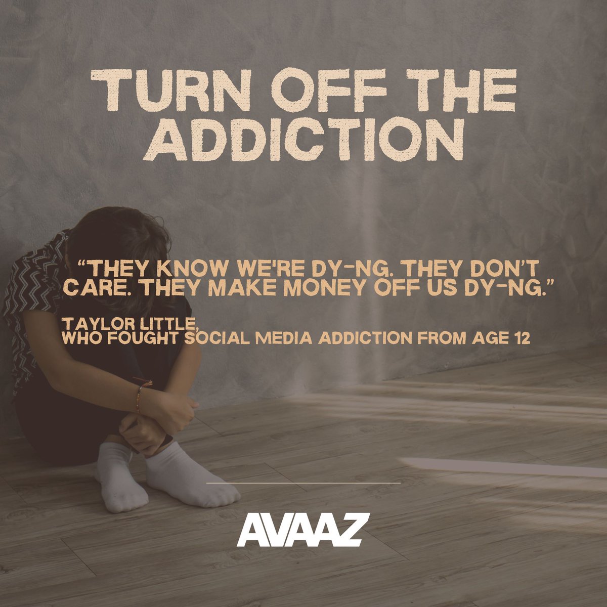 Avaaz's tweet photo. At the age of 12, social media addiction drove Taylor Little into d3pr3ss1on and self-harm. Taylor is now fighting Big Tech - and we can join them!

🚨 EU President @vonderleyen promised to ban addictive features — but Big Tech is fighting back. Let’s show her we have her back. Demand action now! https://t.co/AhwB3IVnKR

#EndSocialMediaAddiction #TurnOffTheAddiction