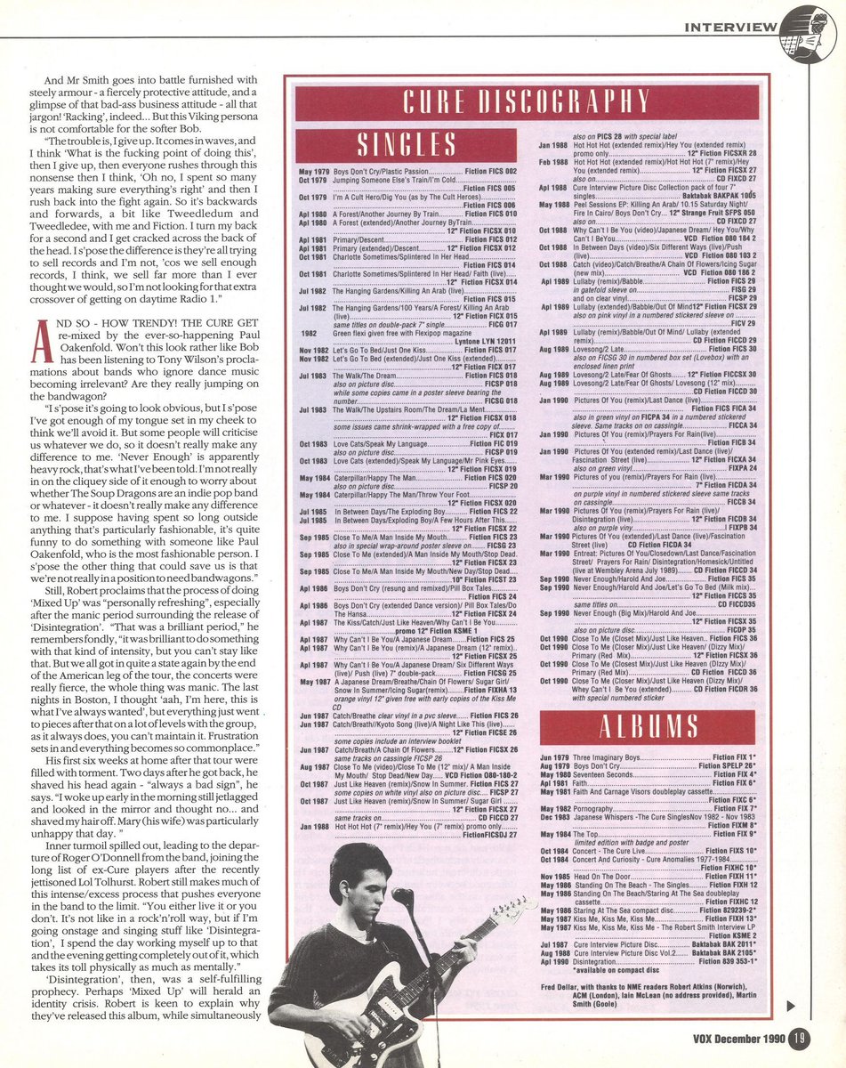 TheCureForever_'s tweet photo. A comprehensive Cure discography featured in the Dec 1990 issue of Vox (UK). From timeless singles to legendary albums, it’s all here for fans to explore. 🎶✨
#TheCure #RobertSmith #VoxMagazine #Discography #MusicHistory #1990sMusic #AlternativeMusic #TheCureFans https://t.co/crboDPHOKH