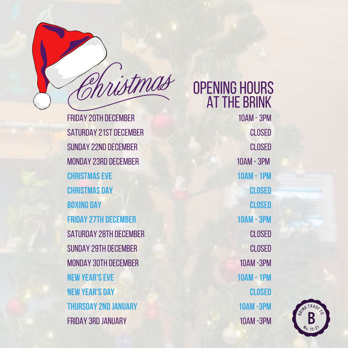 🎄 The Brink’s festive opening hours 🎅🏻

This is when you can visit us for food, drinks, chat and company over the holiday period. 

📍 15-21 Parr St, Liverpool L1 4JN 

#TheBrink #Liverpool #LiverpoolDryBar #DryBar #ThingsToDoLiverpool #LiverpoolCafe