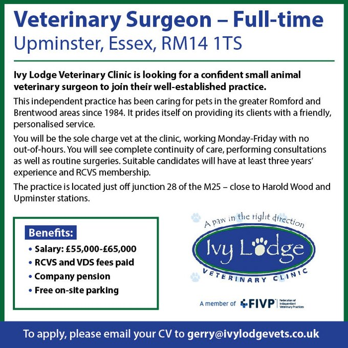 IVPCareers's tweet photo. Ivy Lodge Veterinary Clinic, which has been caring for pets in the greater Romford and Brentwood areas since 1984, is looking for a  small animal vet to join its team.    See the job description: https://t.co/fwDZprrPFY……………… #veterinaryjobs #vetcareers https://t.co/GLVJrKkJuD
