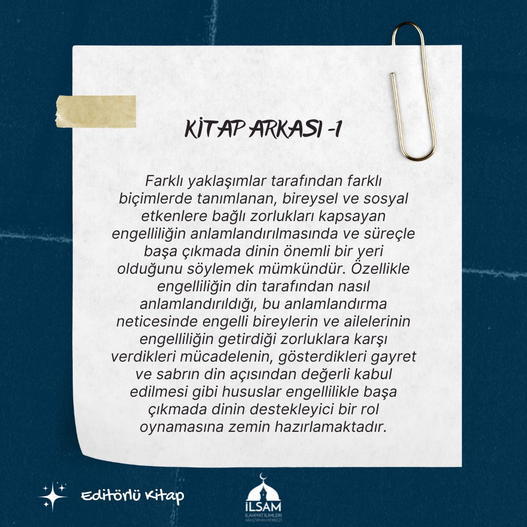 ilsam_tr's tweet photo. 🔔Doç.Dr. Banu GÜRER hocamızla çalıştığımız "ENGELLİLİK VE DİN" kitabı @nobelyayin' dan çıkmıştır. Editörümüz ve katkıda bulunan tüm bölüm yazarlarımıza teşekkür ederiz.
#ilsam #nobelyayınları #dineğitimi #dinpsikolojisi #engellilik #engellilikaraştırmaları #engellibireyler https://t.co/vZMXRtESbG