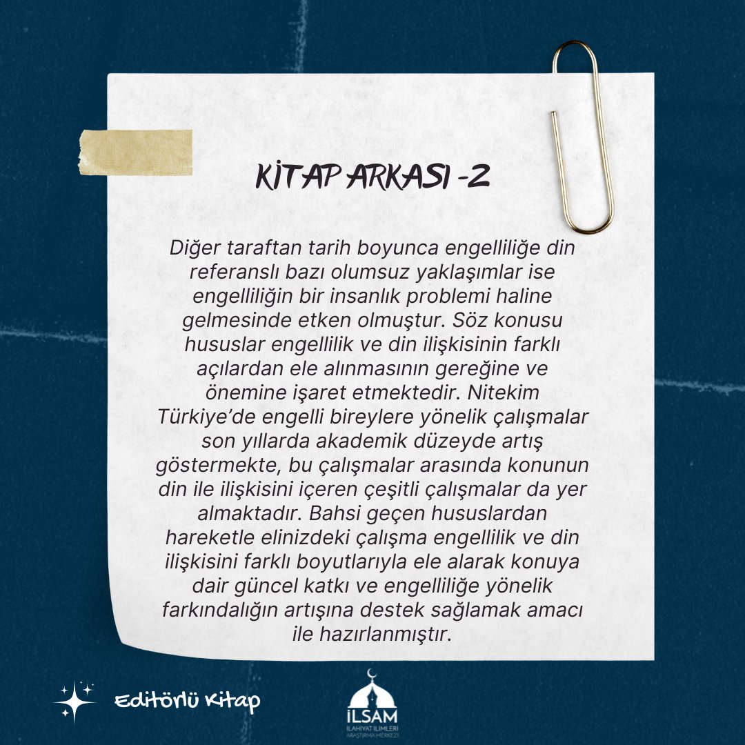 ilsam_tr's tweet photo. 🔔Doç.Dr. Banu GÜRER hocamızla çalıştığımız "ENGELLİLİK VE DİN" kitabı @nobelyayin' dan çıkmıştır. Editörümüz ve katkıda bulunan tüm bölüm yazarlarımıza teşekkür ederiz.
#ilsam #nobelyayınları #dineğitimi #dinpsikolojisi #engellilik #engellilikaraştırmaları #engellibireyler https://t.co/vZMXRtESbG
