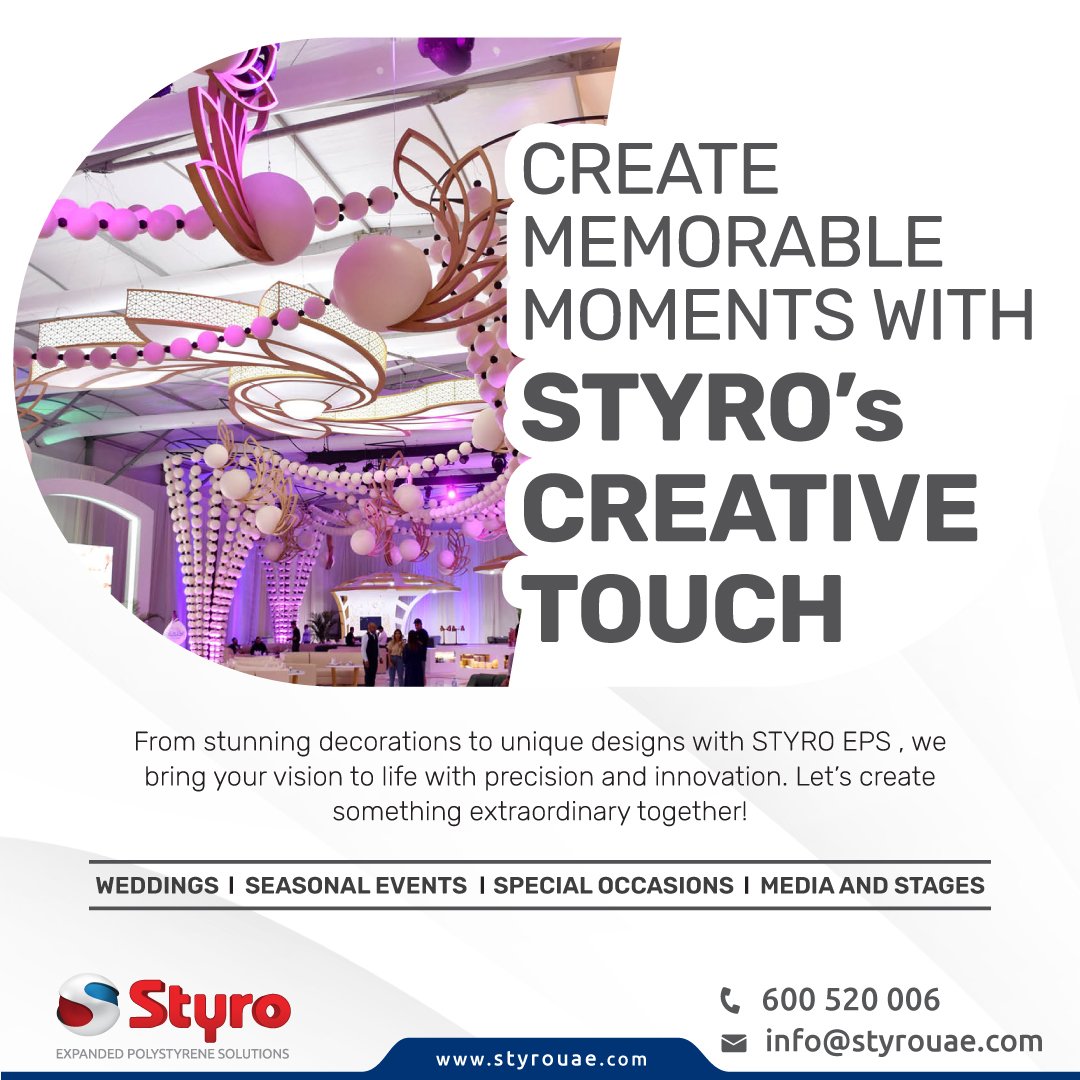 Make every moment unforgettable with STYRO's creative touch!  
Call: 600520006
Email: info@styrouae.com
Web: styrouae.com
#StyroMagic #creativedesign #styrouae #styro #dubai #abudhabi #rasalkhaimah #decoration #weddingdecor #SeasonalStyle #eventdesign #styroeps