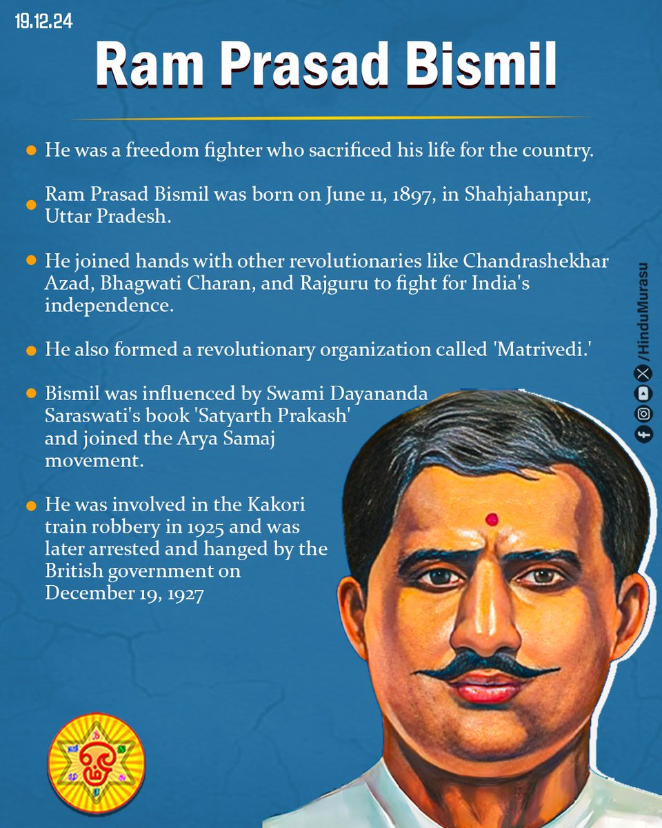 HinduMurasu's tweet photo. Ram Prasad Bismil
Birthday is today
#RamPrasadBismil
#birthday
#AppreciativeDay
#Freedomfighters
#Madrivedi https://t.co/Zbwl3m0vg8
