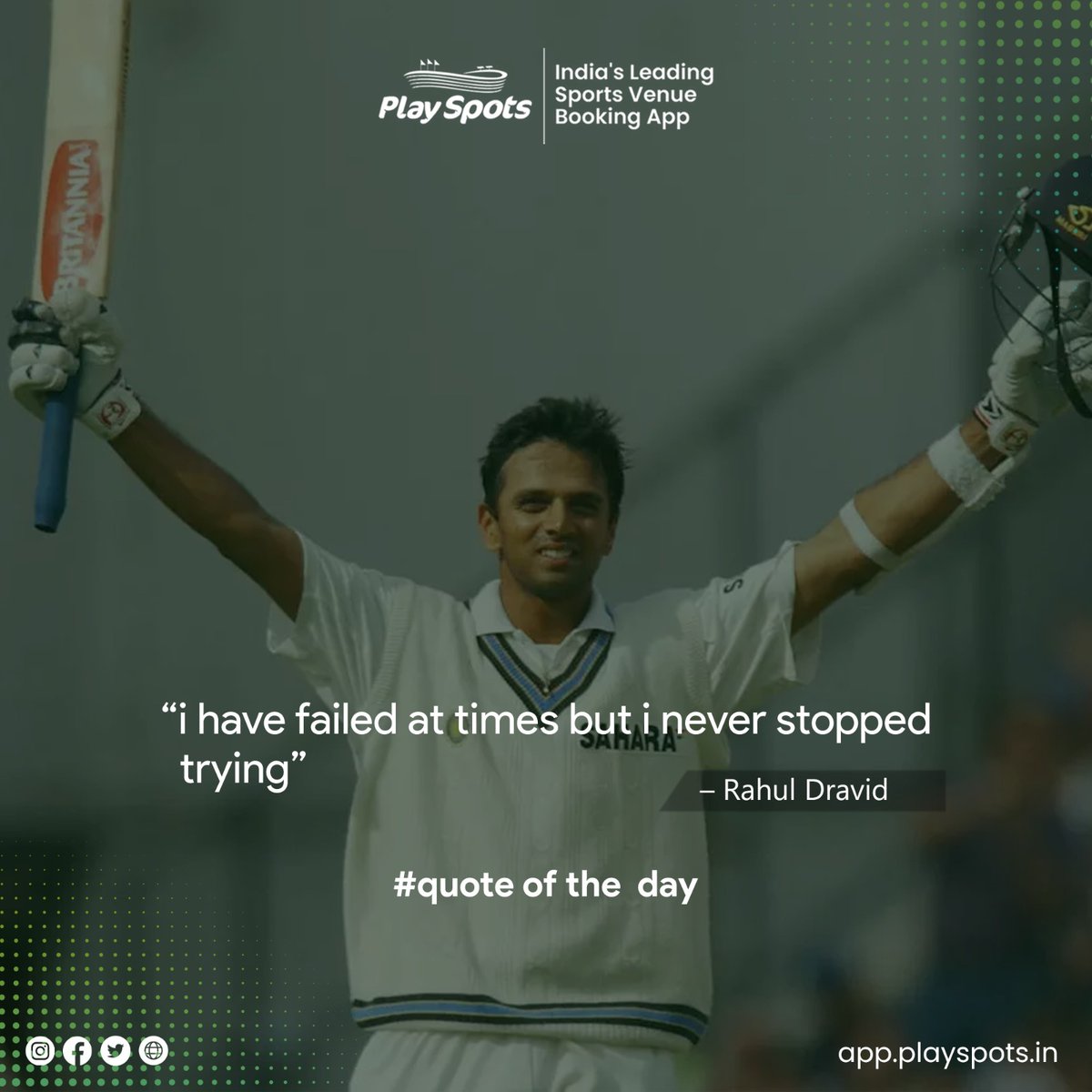 PlaySpotsApp's tweet photo. #Quoteoftheday

I Have Failed At Times, But I Never Stopped Trying
.
.
.
#quotes #quotestagram #quotesdaily #rahuldravid #indincricketteam #cricket #Indiaincricketteam #dravid #ipl #rahuldravidfans #batting #test #Quoteofthedayfacts #playspots https://t.co/EBfEtTLVjD
