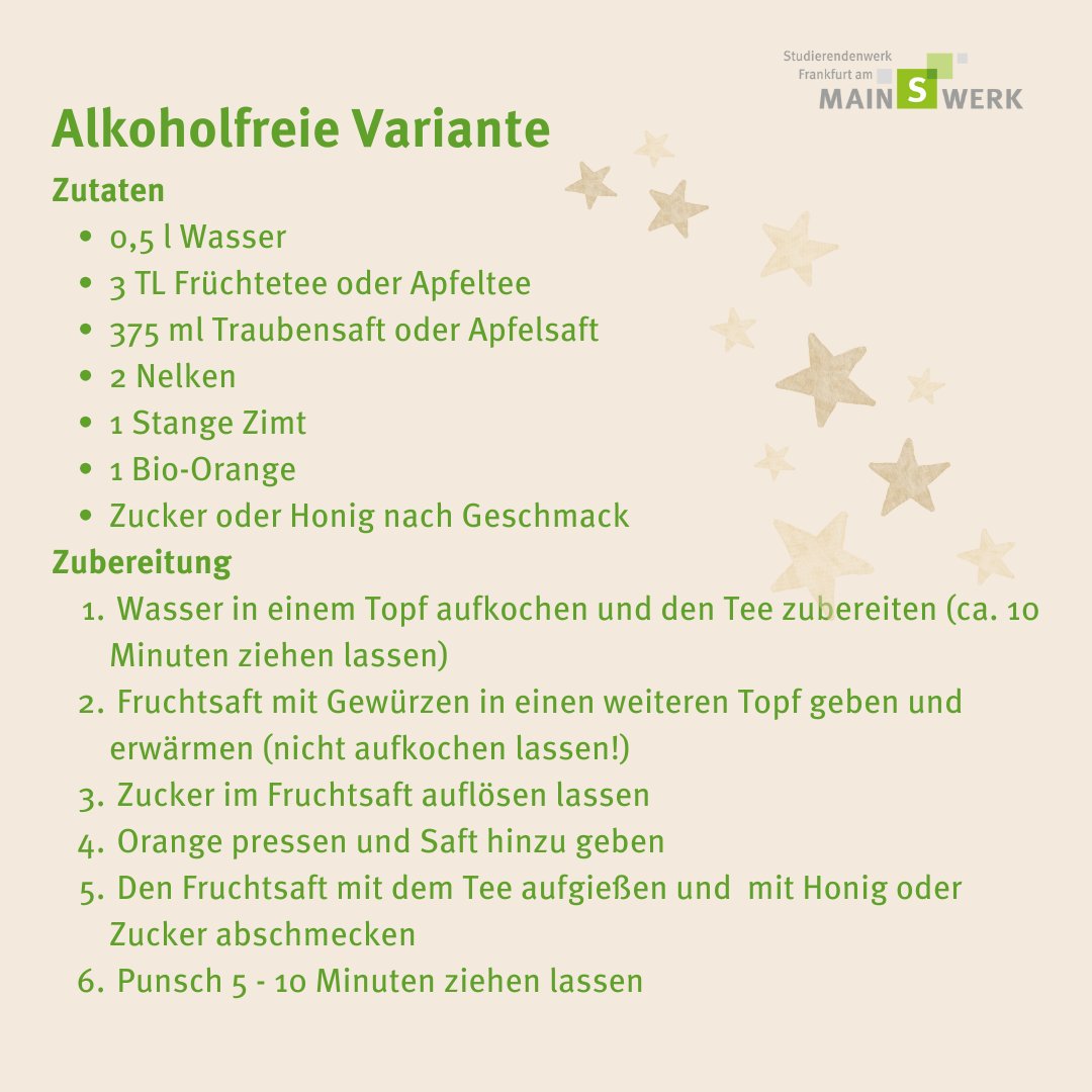 studiwerk_ffm (@studiwerk_ffm) on Twitter photo Genau das richtige für gemütliche Stunden in der #Adventszeit. Damit Ihr Euch schon richtig auf #Weihnachten einstimmen könnt, kommt hier unser #Punsch-Rezept, mit und ohne Alkohol.
Viel Spaß beim Nachmachen und lasst es Euch schmecken! Genau das richtige für gemütliche Stunden in der #Adventszeit. Damit Ihr Euch schon richtig auf #Weihnachten einstimmen könnt, kommt hier unser #Punsch-Rezept, mit und ohne Alkohol.
Viel Spaß beim Nachmachen und lasst es Euch schmecken!