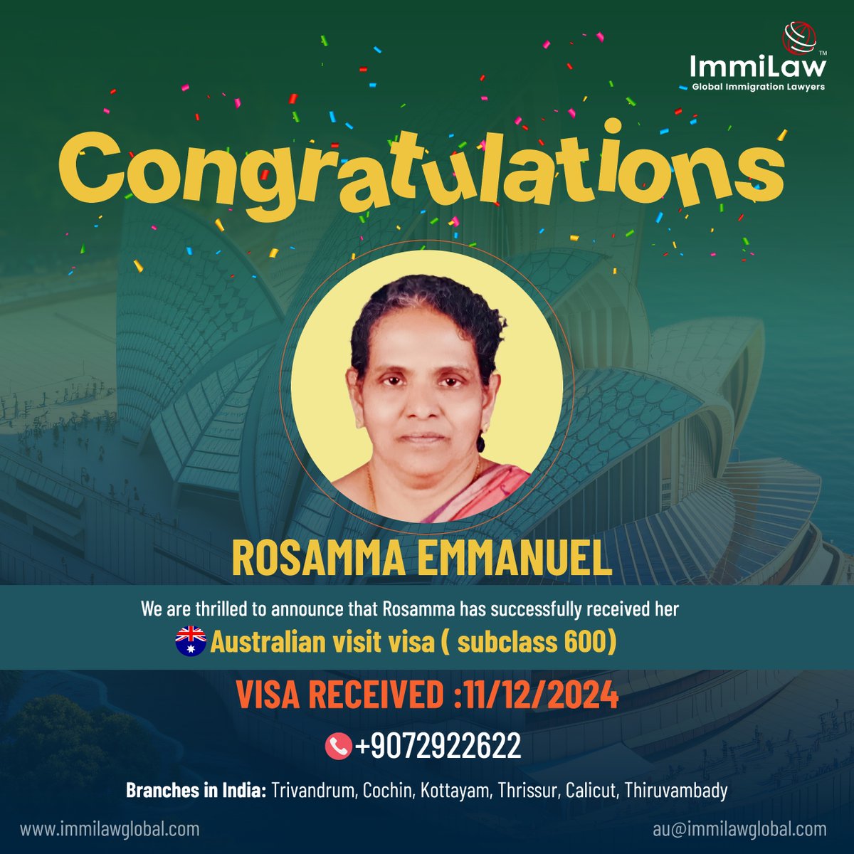 immilawglobal's tweet image. 🎉 Congratulations Rosamma Emmanuel! 🎉

We are thrilled to announce that Rosamma Emmanuel has successfully received her Australian Visit Visa (Subclass 600)! 🇦🇺✨

Visa Received: 11/12/2024

Wishing you a wonderful journey to Australia! 🌟

#AustraliaVisa #VisitVisa #Subclass600