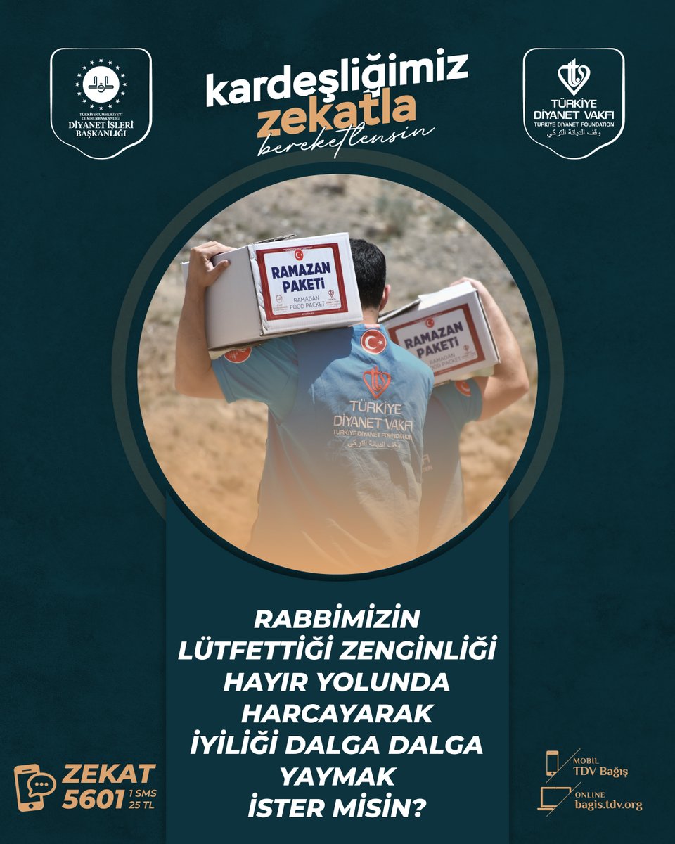 DiyanetVakfi's tweet photo. Rabbimizin lütfettiği zenginliği hayır yolunda harcayarak iyiliği dalga dalga yaymak ister misin?

#KardeşliğimizZekatlaBereketlensin

ZEKAT yazıp 5601'e SMS göndererek 25 TL destek olabilir, https://t.co/oMTpeiVYbW adresinden online bağış yapabilirsiniz. https://t.co/nxCfvMRJeA