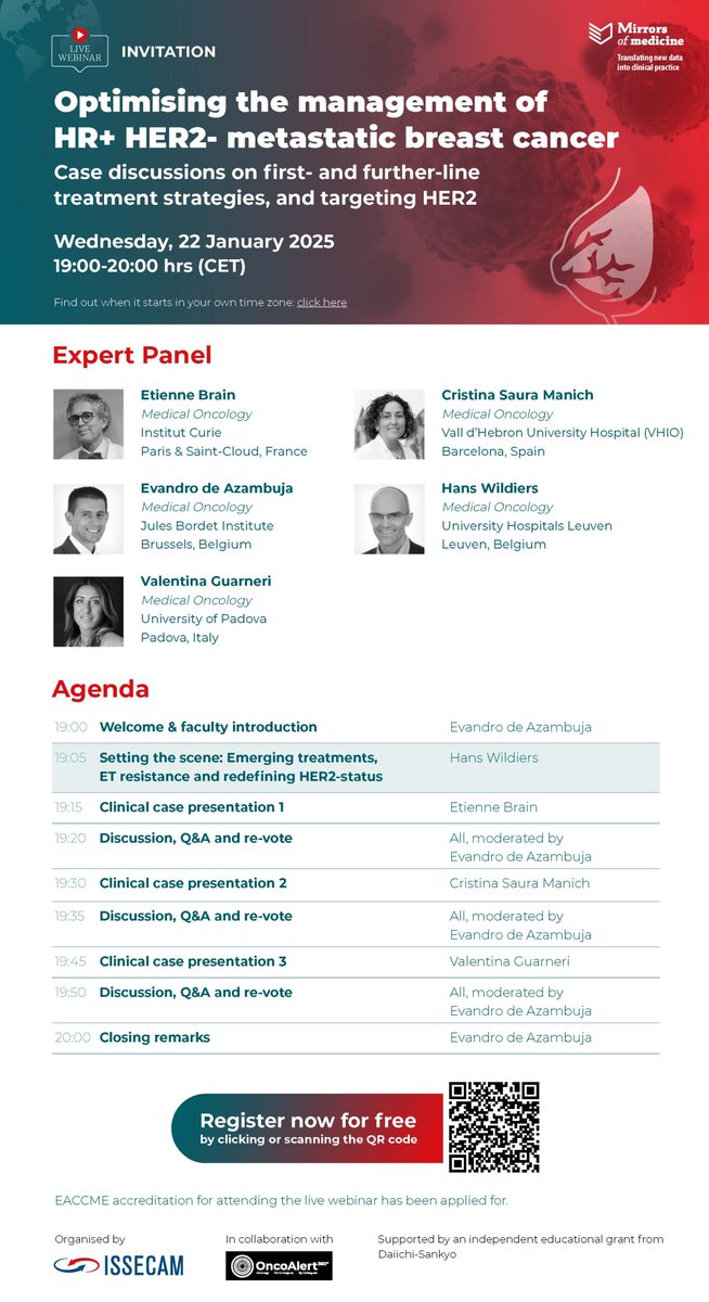 Evandro de Azambuja, MD, PhD (@e_de_azambuja) on Twitter photo Join us in this webinar "optimising the managment of HR+ HER2- metastatic breast cancer". An international expert panel will be discussing the most recent data. @HansWildiers, <a href="/CristinaSaura3/">Cristina Saura</a>, Valentina Guarneri, <a href="/EtienneB66/">Etienne Brain</a>. See you on 22/01/2025 at 7pm (CET) Join us in this webinar "optimising the managment of HR+ HER2- metastatic breast cancer". An international expert panel will be discussing the most recent data. @HansWildiers, <a href="/CristinaSaura3/">Cristina Saura</a>, Valentina Guarneri, <a href="/EtienneB66/">Etienne Brain</a>. See you on 22/01/2025 at 7pm (CET)