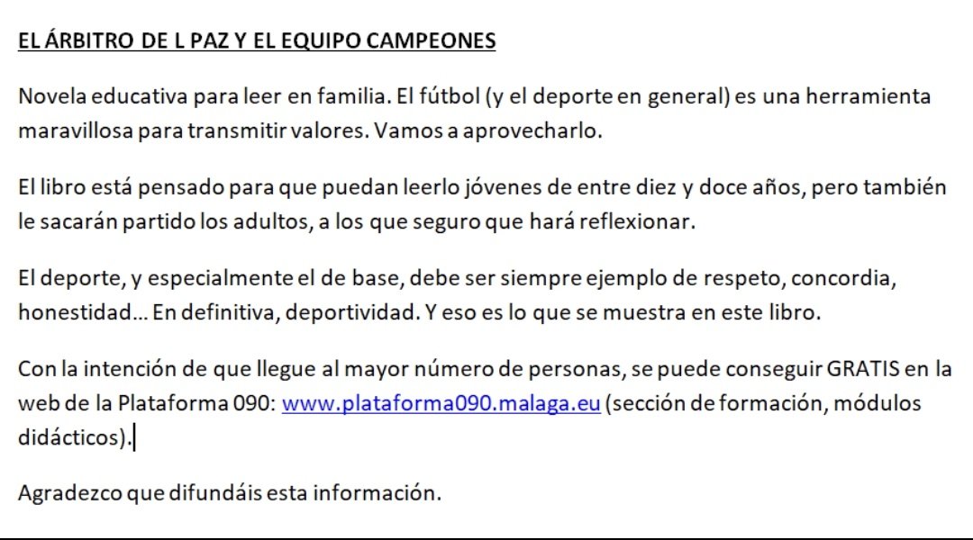 He escrito una novela educativa sobre el fútbol en el que creo, el que he defendido y promovido desde hace 18 años. 
Se puede descargar de forma gratuita en la web de <a href="/plataforma090/">Plataforma 090</a>.
Toda la información está en la foto.
Agradezco difusión.
1/2