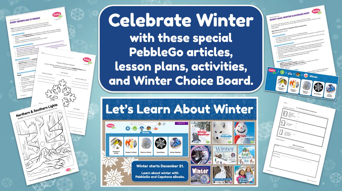 shannonmmiller's tweet photo. Celebrate the winter season with these special #PebbleGo articles and @CapstonePub eBooks, lesson plans, activities, and Winter Choice Board. ❄️

https://t.co/LmIW8WUYRZ

#learningisforeveryone 

#tlchat #futurereadylibs #edchat #edtech #ISTElib https://t.co/03aztdktCi
