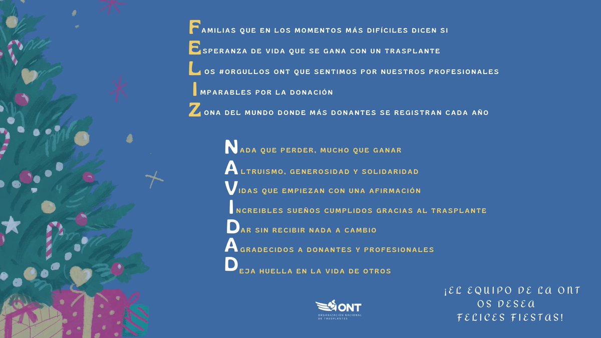 🎄 GRACIAS a las familias que en los momentos más  difíciles dicen "sí", a los donantes y a los sanitarios que dan sin recibir nada a cambio y a todos aquellos que dejan huella en la vida de otros. Desde la <a href="/ONT_esp/">Organización Nacional de Trasplantes</a>, os deseamos ¡FELICES FIESTAS!  #OrgulloONT💙