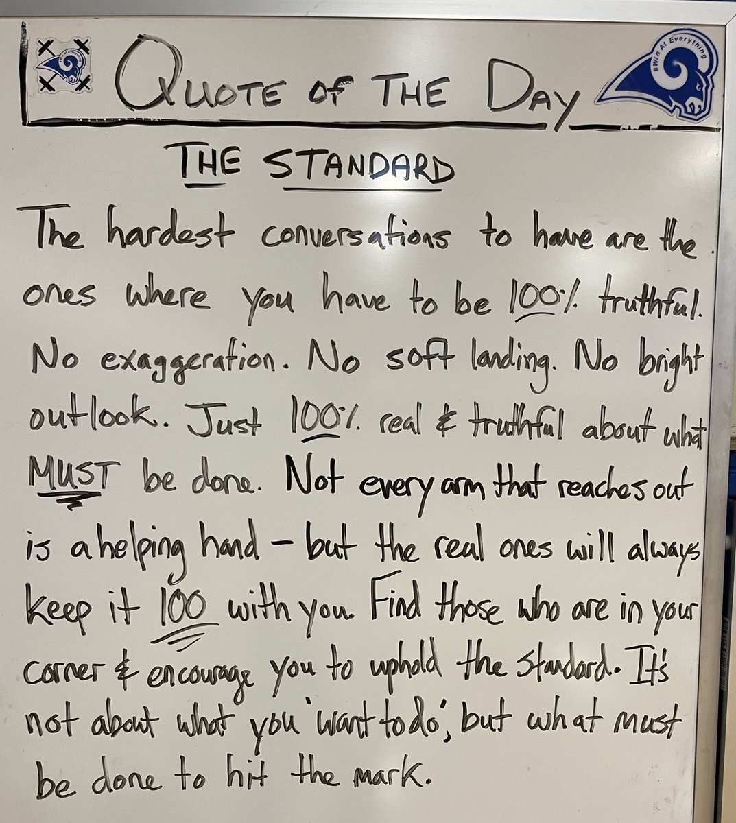 CoachRayO3313's tweet photo. The standard MUST be upheld no matter what. Sometimes that means tough conversations have to take place. No one likes them, but they are often what needs to happen. I’m always thankful for these conversations because it’s only through the tough convos that changes can be made https://t.co/PiDGZBuxoU