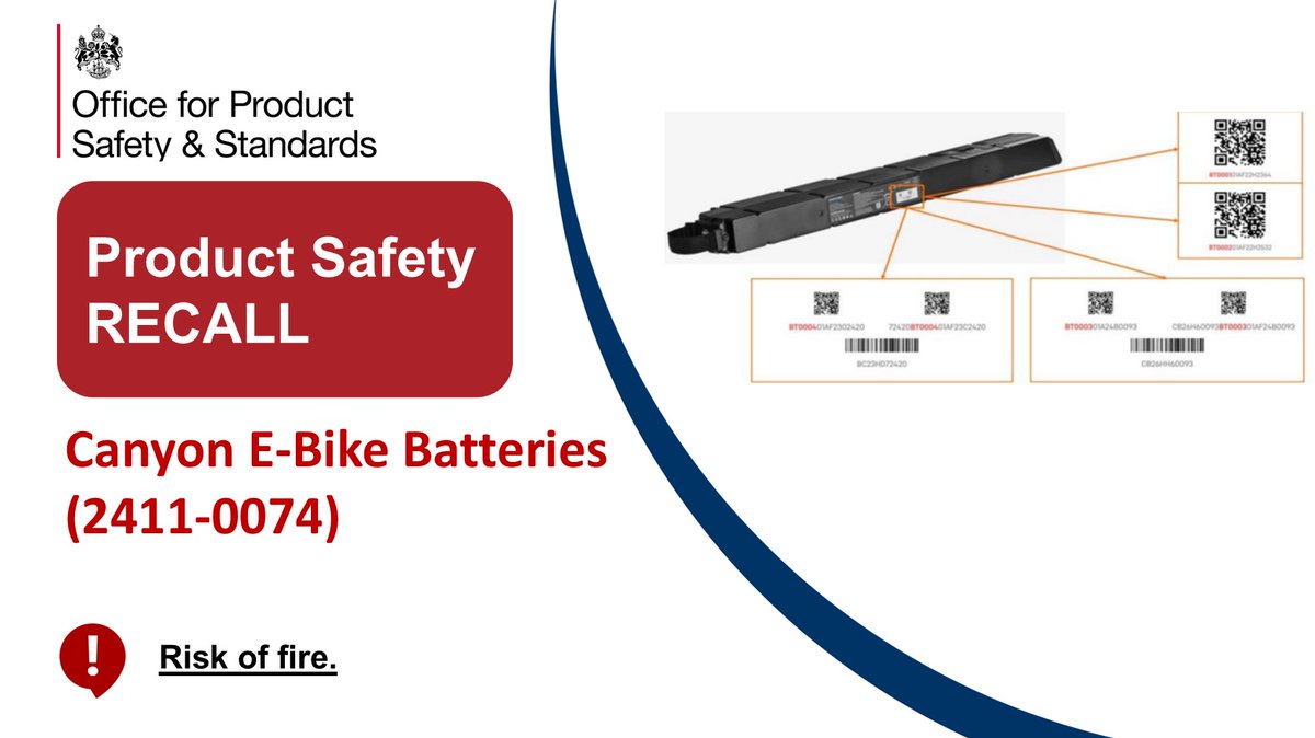⚠Product Recall: Canyon E-Bike Batteries (2411-0074) presenting a risk of fire.⚠

gov.uk/product-safety…

#productrecalls #ukrecallsandalerts