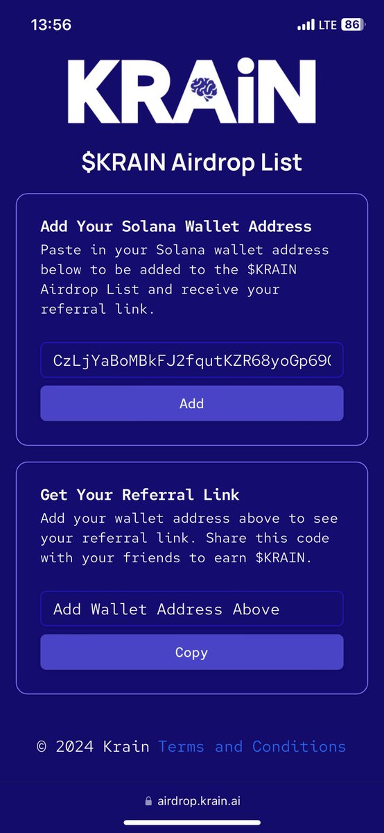 Dostlar,  $KRAIN airdrop için solana cüzdanımı ekledim. Yapmanız gereken tek şey linki açıp cüzdanınızı eklemek 

airdrop.krain.ai/PVZUCZ