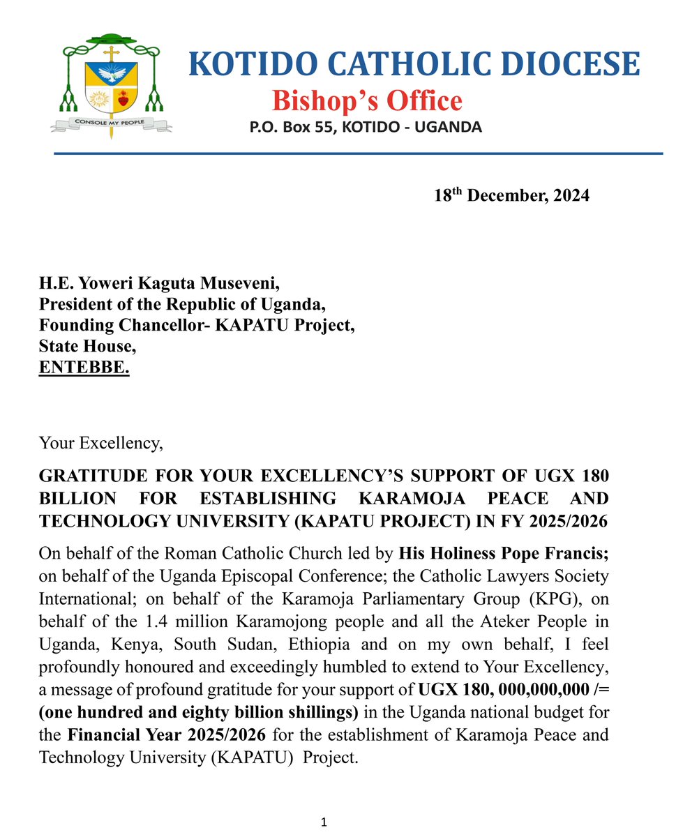 Isabelle002Anku's tweet image. Big news for Karamoja! The Government of Uganda has allocated UGX 180 billion in the FY 2025/2026 budget for the Karamoja Peace and Technology University (KAPATU) project. This is a historic milestone for education, peace, and development in the region. #KAPATUProject