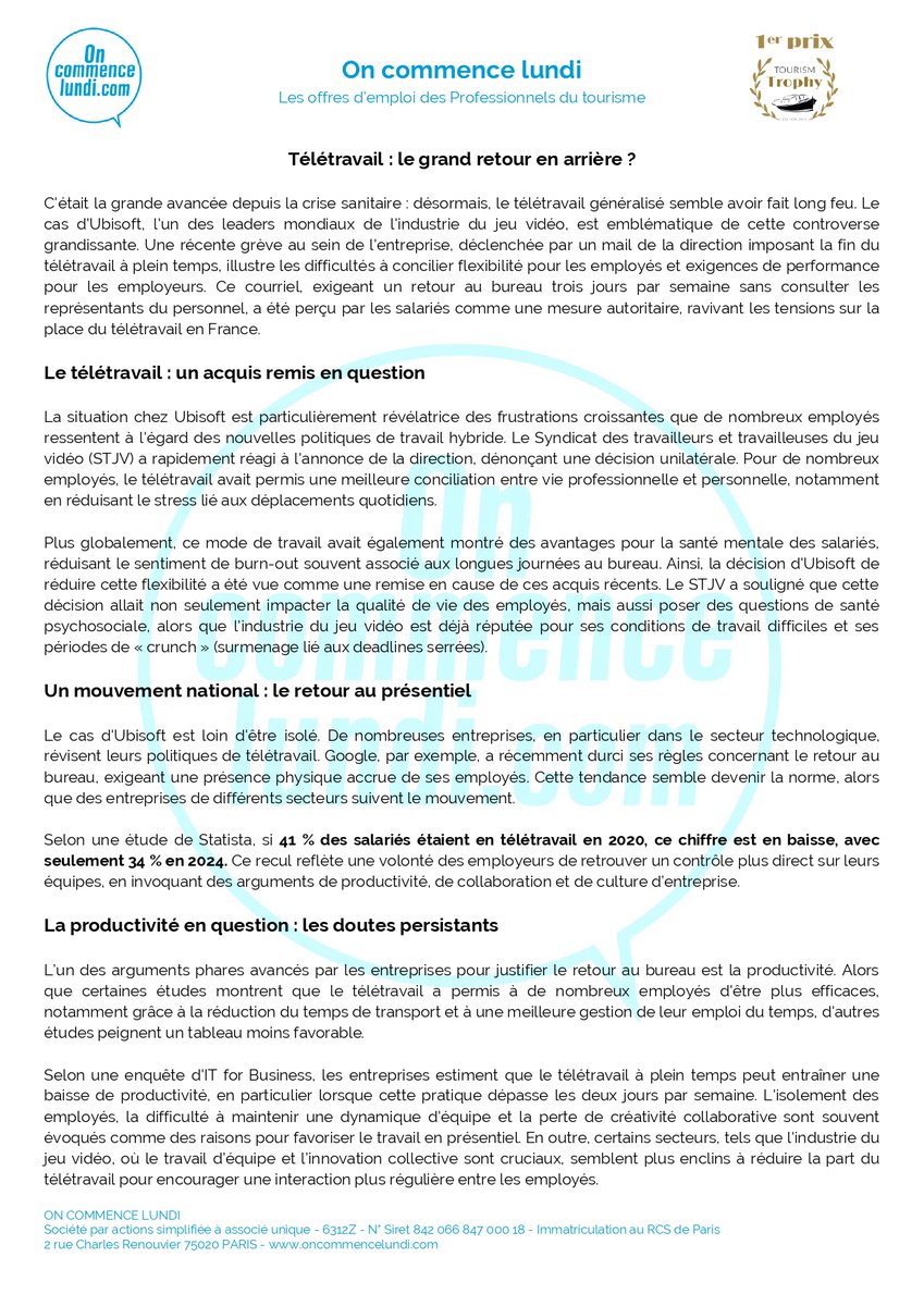 oncommencelundi's tweet photo. 📰 [ARTICLE] - #Télétravail : le grand retour en arrière ?
La crise sanitaire avait bouleversé nos habitudes. Cependant, le retour au présentiel s'imposerait progressivement.
Bonne lecture.
L'équipe très sympa du site d'emploi tourisme #OnCommenceLundi
#Emploi #Tourisme https://t.co/Qj4KyIFf0u