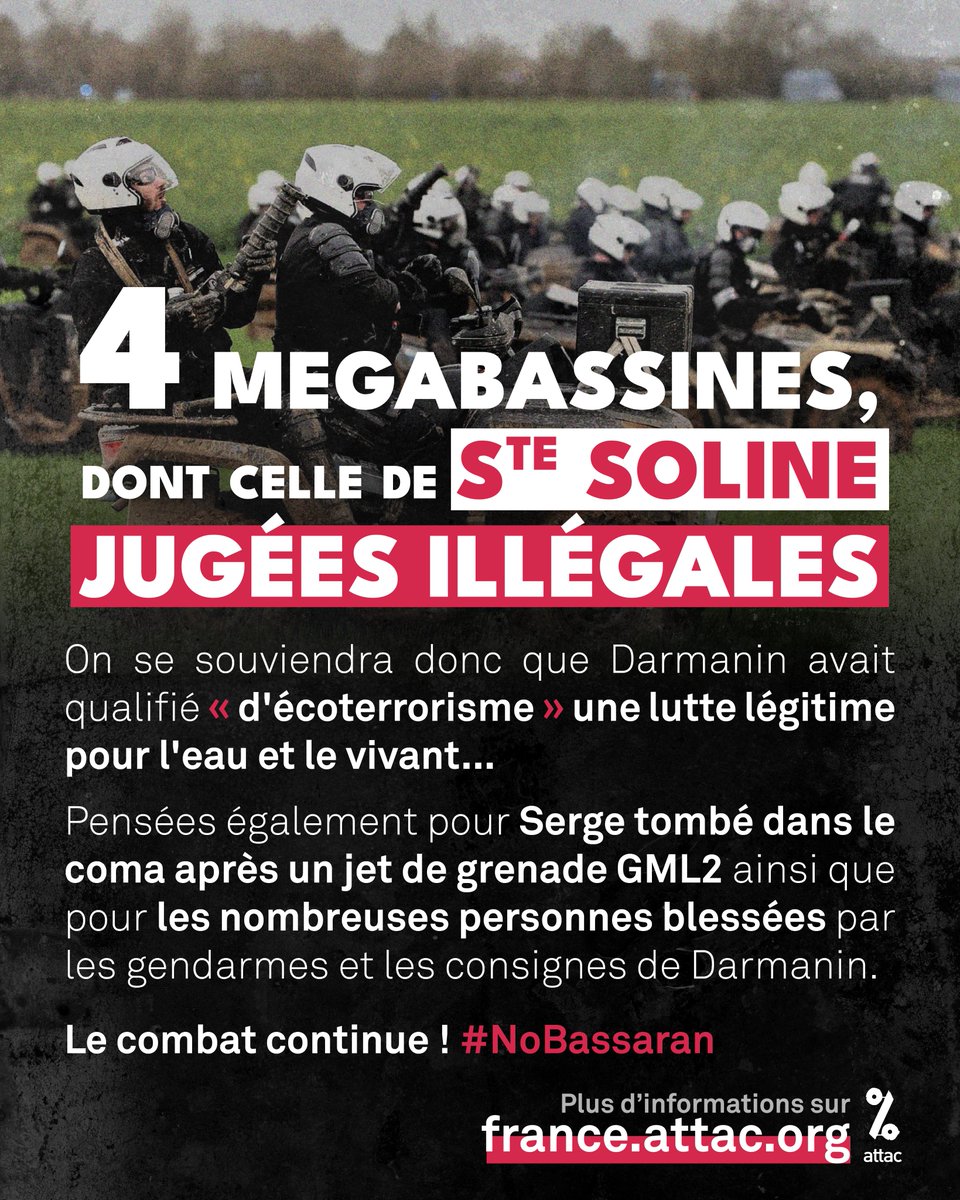 On se souviendra donc que Darmanin avait qualifié « d'écoterrorisme » une lutte légitime pour l'eau et le vivant.

Pensées également pour Serge ainsi que les nombreuses personnes blessées par les gendarmes et les consignes de Darmanin.

Le combat continue ! #NoBassaran