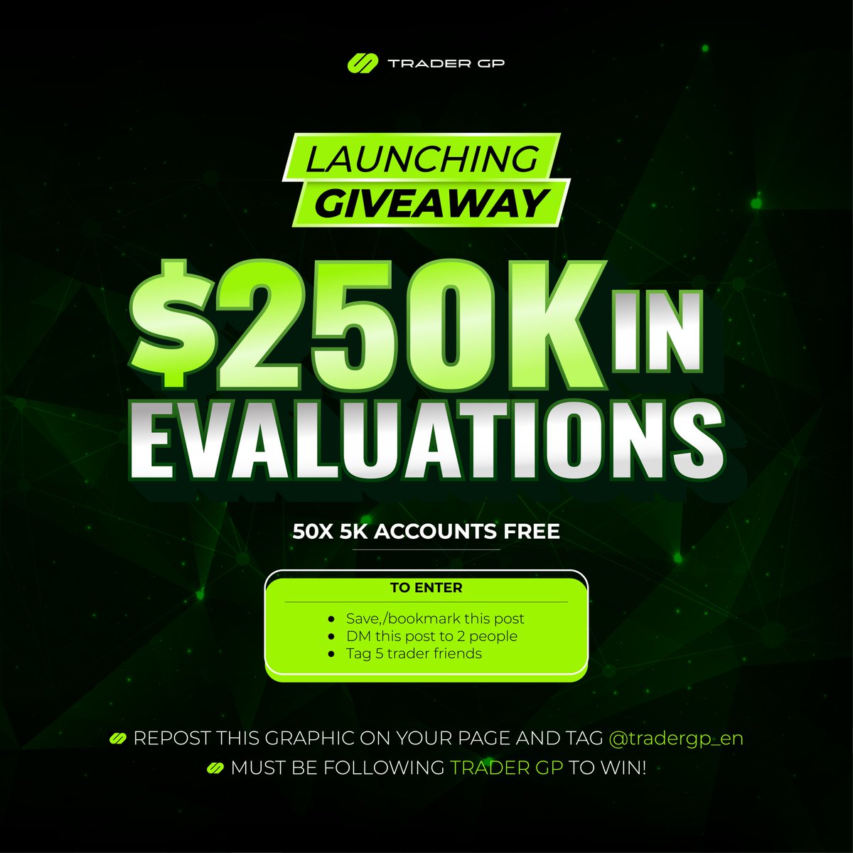 tradergp_en's tweet photo. 🎉 GIVEAWAY ALERT!  

We’re giving away 50 x $5000 trading account!   
 
1.Follow @tradergp_en
2. Like Share & Repost  
3. Tag 4 trader friends in the comments  
4. Submit email in https://t.co/VnyVCjF2mo Win FREE account    

📷Winners will be announced on January on https://t.co/fgauemBwyR