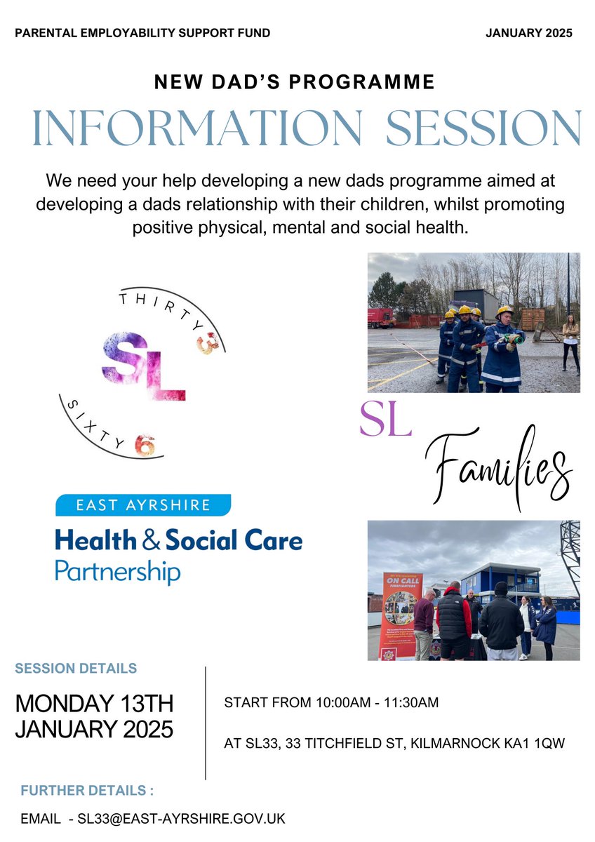 East Ayrshire Opps4All (@sl33eac) on Twitter photo Check out the New Dadβs Programme Information Session, taken place Monday 13th January 2025 !
All details below π€© For further information email -
SL33@east-ayrshire.gov.uk π
<a href="/eahscp/">East Ayrshire HSCP</a> <a href="/eaparentalsupp/">East Ayrshire Parental Employability Support Fund</a> Check out the New Dadβs Programme Information Session, taken place Monday 13th January 2025 !
All details below π€© For further information email -
SL33@east-ayrshire.gov.uk π
<a href="/eahscp/">East Ayrshire HSCP</a> <a href="/eaparentalsupp/">East Ayrshire Parental Employability Support Fund</a>