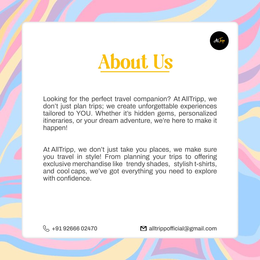 At AllTripp, we are committed to making your travel experience exceptional. Our focus on off-beat, cultural, and nature-centric locations  that provide unique and authentic experiences.

#travel #travelcompany
#travelling #trip #grouptrips #collegetrip #traveladvisor #AllTripp