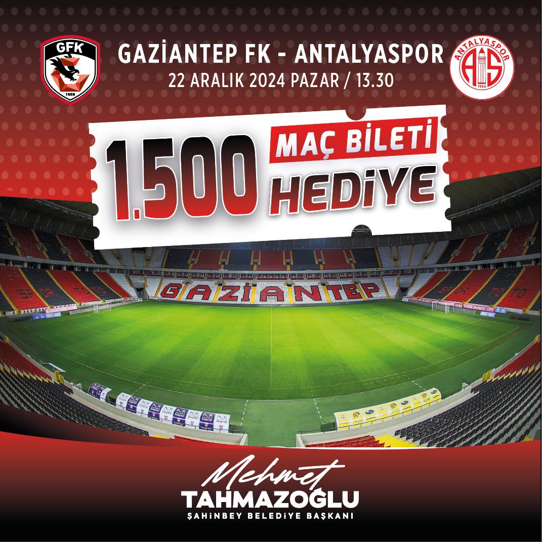 Genç taraftarlarımıza müjde!📣

Şehrimizin marka değeri olan takımımızı desteklemek isteyen gençlerimize maç bileti hediye ediyoruz.

Ödülü kazanmak için yapmanız gerekenler;

📱<a href="/sahinbeybel/">Şahinbey Belediyesi</a> ve <a href="/mtahmazoglu/">Mehmet Tahmazoğlu 🇹🇷</a> hesaplarını takip et
✅Gönderiyi beğen ve RT yap
🔁Bir arkadaşını