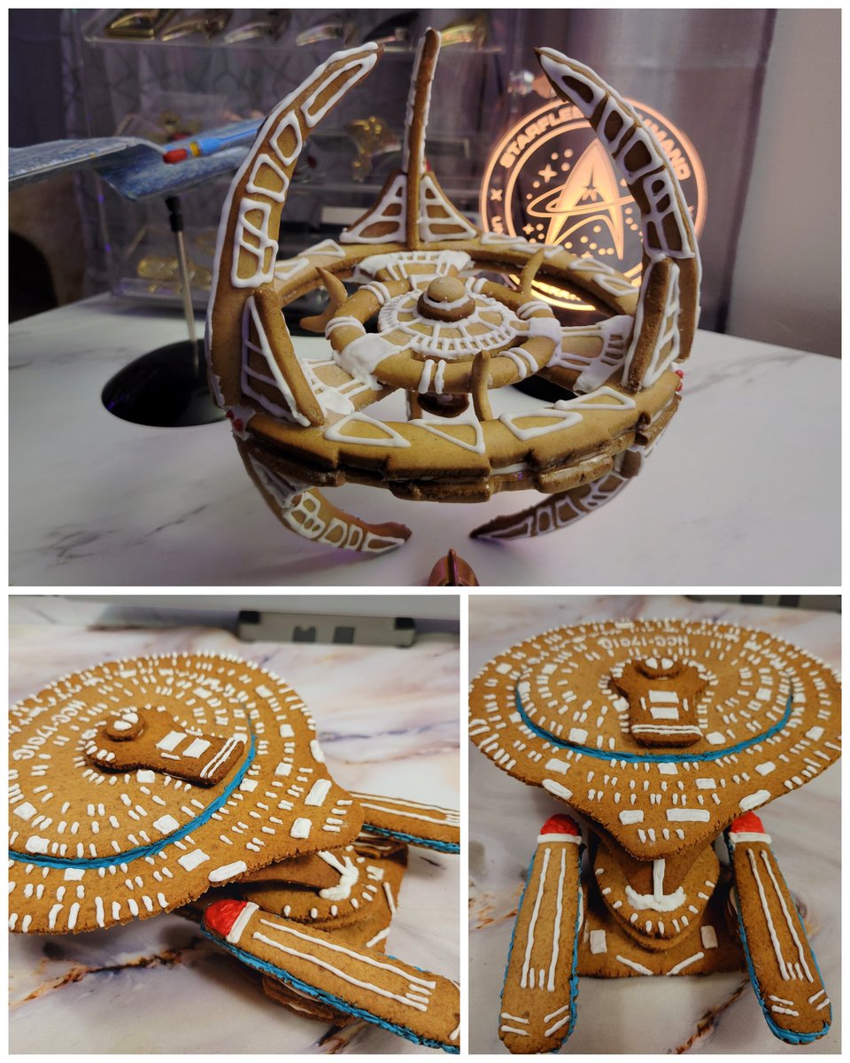 Tonight is my 3rd annual Star Trek Gingerbread stream 🖖 I haven't revealed the design yet, these are my previous bakes ✨️ starts at 7PM GMT twitch.tv/piecexpiece 
#StarTrek #startrektng #holiday #gingerbreadhouse #enterprise #baking #LLAP #StarTrekLowerDecks #gingerbread