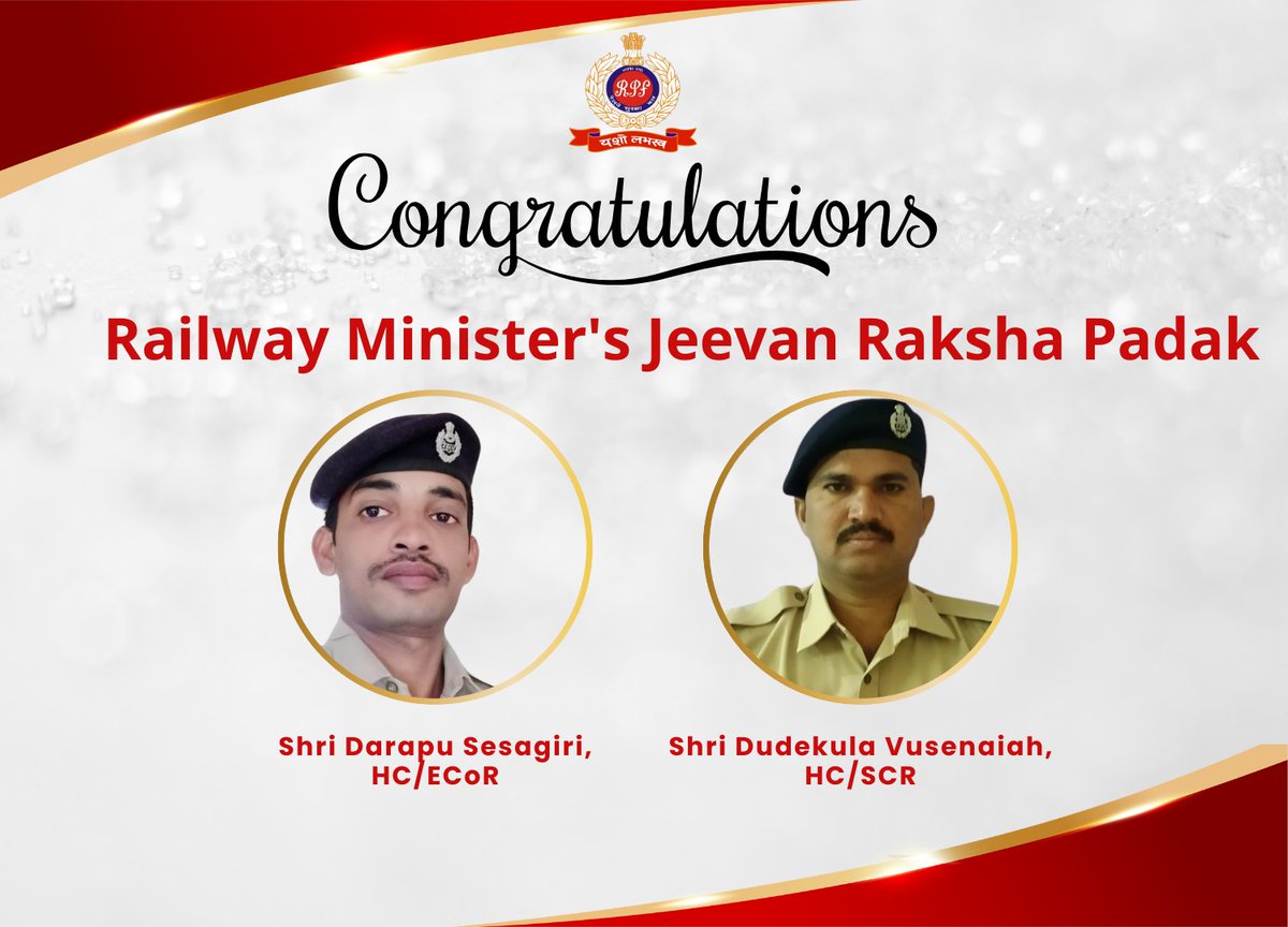 RPF_INDIA's tweet photo. Congratulations to the 9 #RPF personnel recognized with the Railway Minister’s Medals for Bravery, Jeevan Raksha, Mahila ewam Bal Suraksha, and Best Investigation for 2023.  
A heartfelt salute to their incredible service. #Recognition #SaluteToHeroes #ExcellenceInService @RailMinIndia @AshwiniVaishnaw