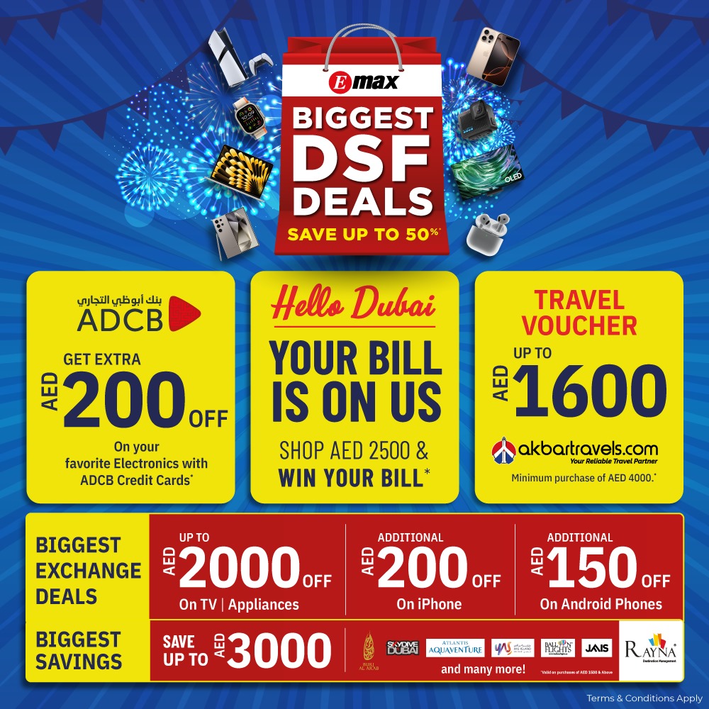 emaxstores's tweet photo. 🌟 The Biggest Dubai Shopping Festival Deals are HERE at Emax! 🌟 

✨ EXTRA AED 200 OFF with ADCB credit cards!

🏆Win your bill! 

✈️ Free Travel Voucher from Akbar Travels!

🎢 Discount vouchers from Rayna Tours!

🔗 Visit Emax today: https://t.co/1Z3zEHOZFL

#EmaxUAE #MyDSF https://t.co/fBANHHtN5Y