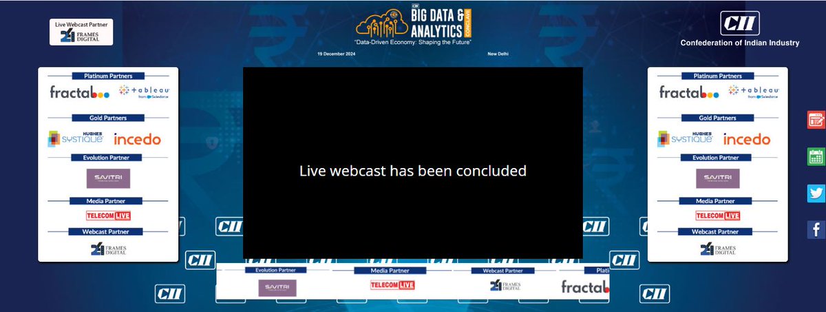 24FramesDigital's tweet photo. We have just wrapped an incredible event at the CII Big Data &amp; Analytics Conclave! It was filled with insights on data driving growth and success.

The stream is over, but catch the replay
Watch here - https://t.co/FBCMKmNyUE

#24FramesDigital #ConfederationofIndianIndustry https://t.co/wkt3HMmPt6