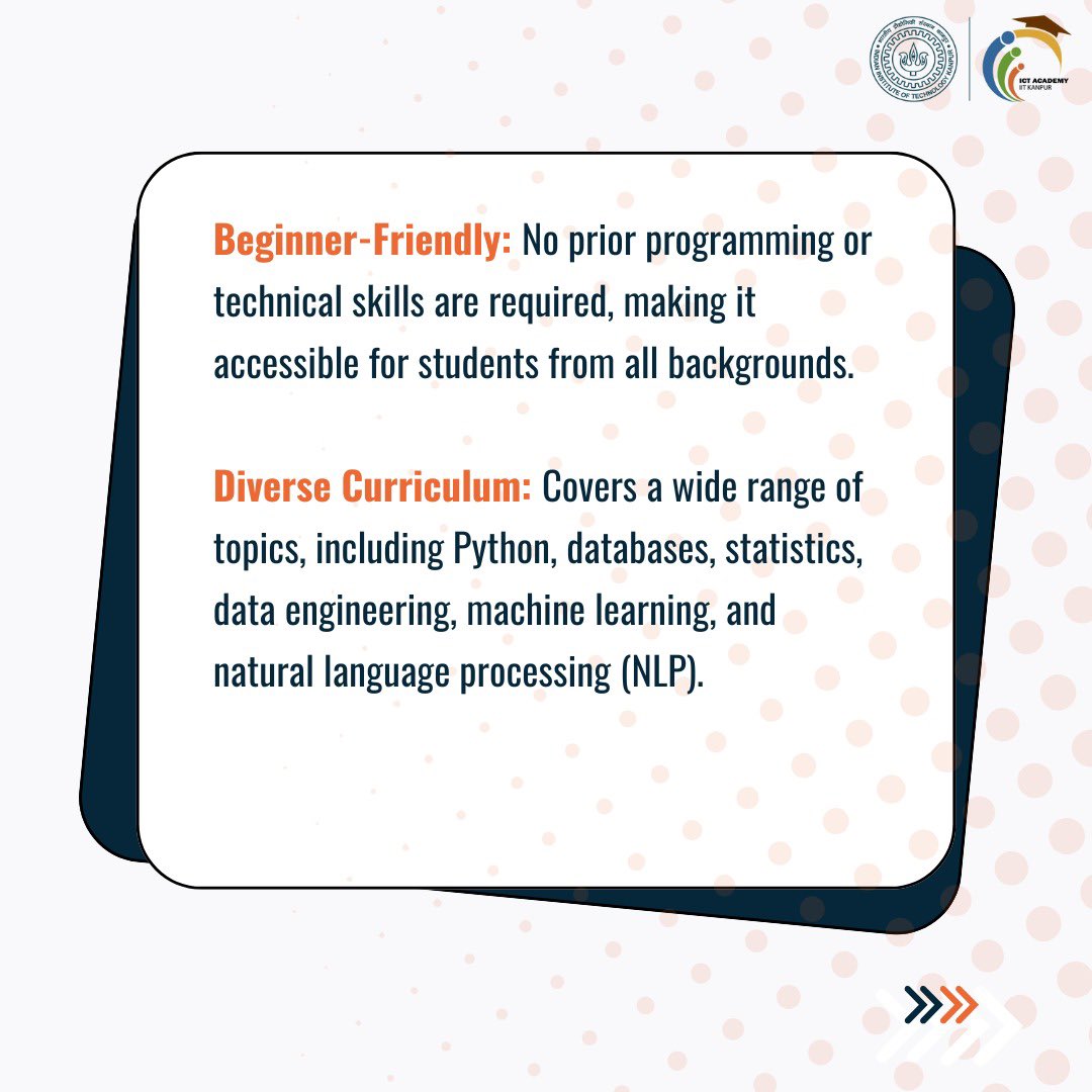eicta_iitk's tweet image. Turn data into decisions!
✨ Learn Python, ML & more—no experience needed!
🎓 For students in any field + placement support.
Start your journey today! tinyurl.com/4hj34snp
#LearnDataScience #MachineLearning #PythonForAll #UpskillNow