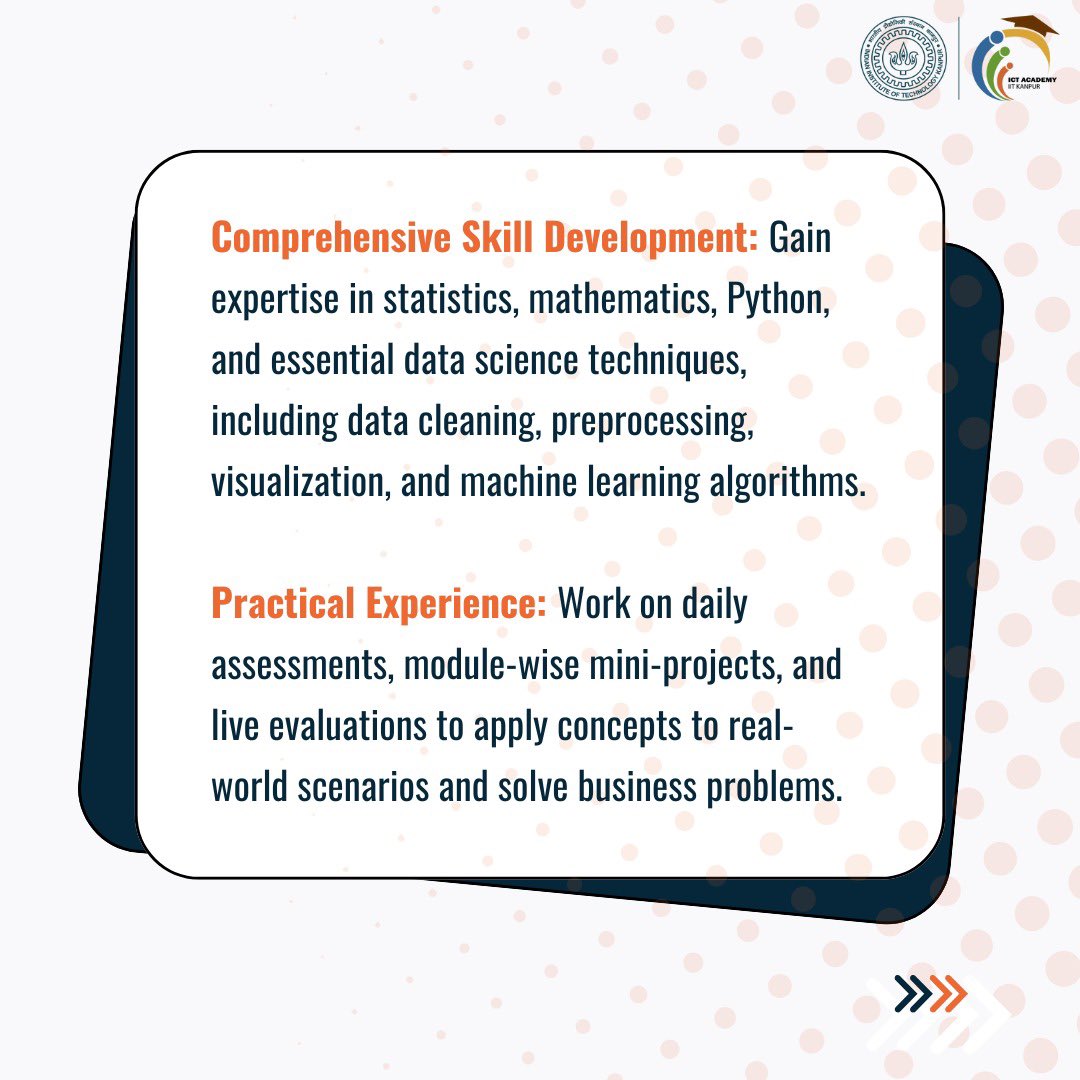 eicta_iitk's tweet image. Turn data into decisions!
✨ Learn Python, ML & more—no experience needed!
🎓 For students in any field + placement support.
Start your journey today! tinyurl.com/4hj34snp
#LearnDataScience #MachineLearning #PythonForAll #UpskillNow