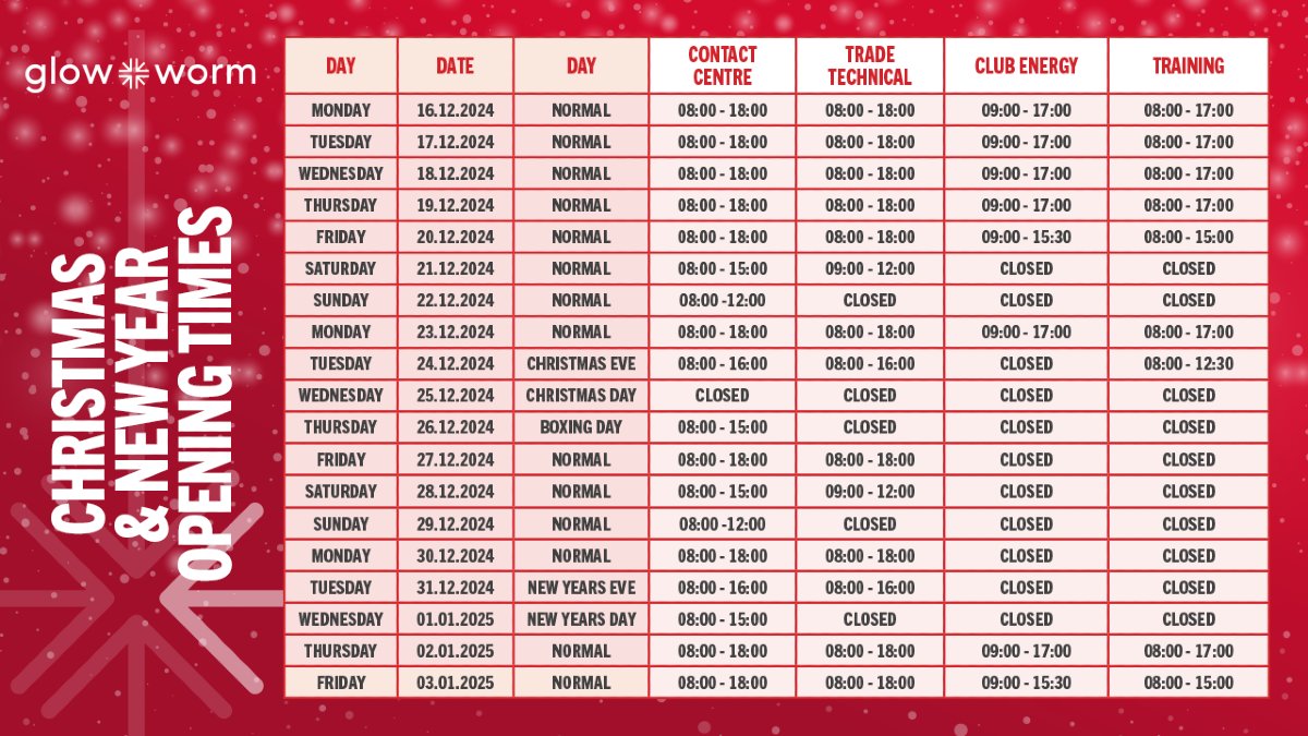 📞 Club Energy Christmas Opening Times 🎄

🔴 For customer service, please call 0330 100 3142 to speak to a member of our contact centre team.

The Glow-worm team wish all of our Club Energy installers a merry Christmas! 🎅