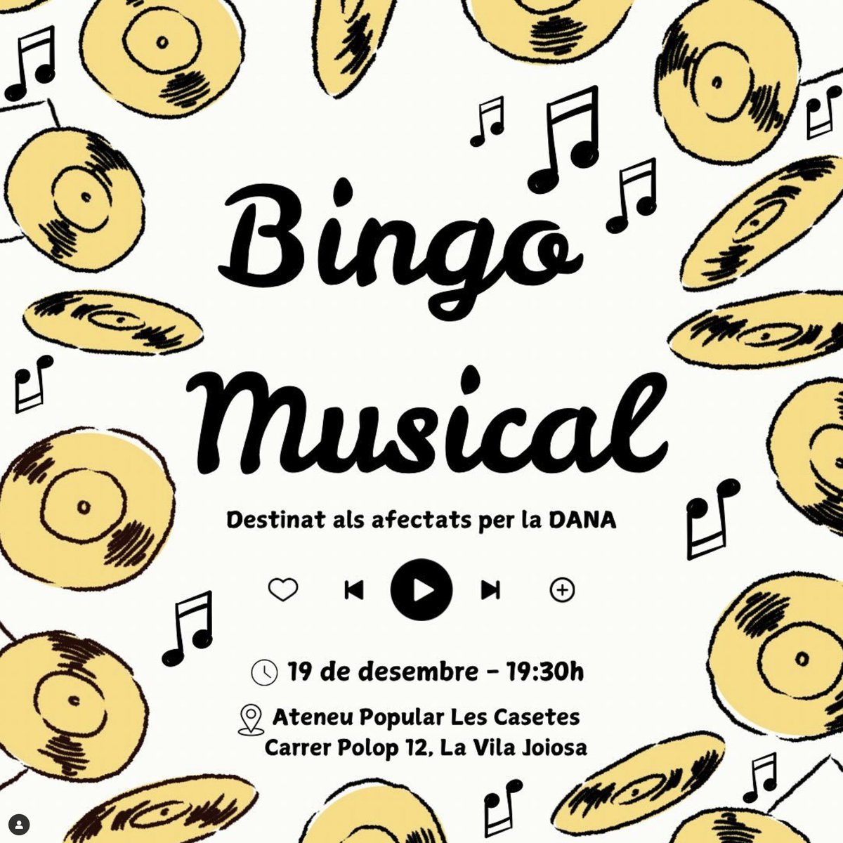 El grup de suport de la DANA continua treballant per ajudar a les persones afectades ❤️‍🩹

Aquesta vegada amb un bingo musical! Serà divertit i per una bona causa!

Com sempre, preus populars i bon rotllo. T’esperem!