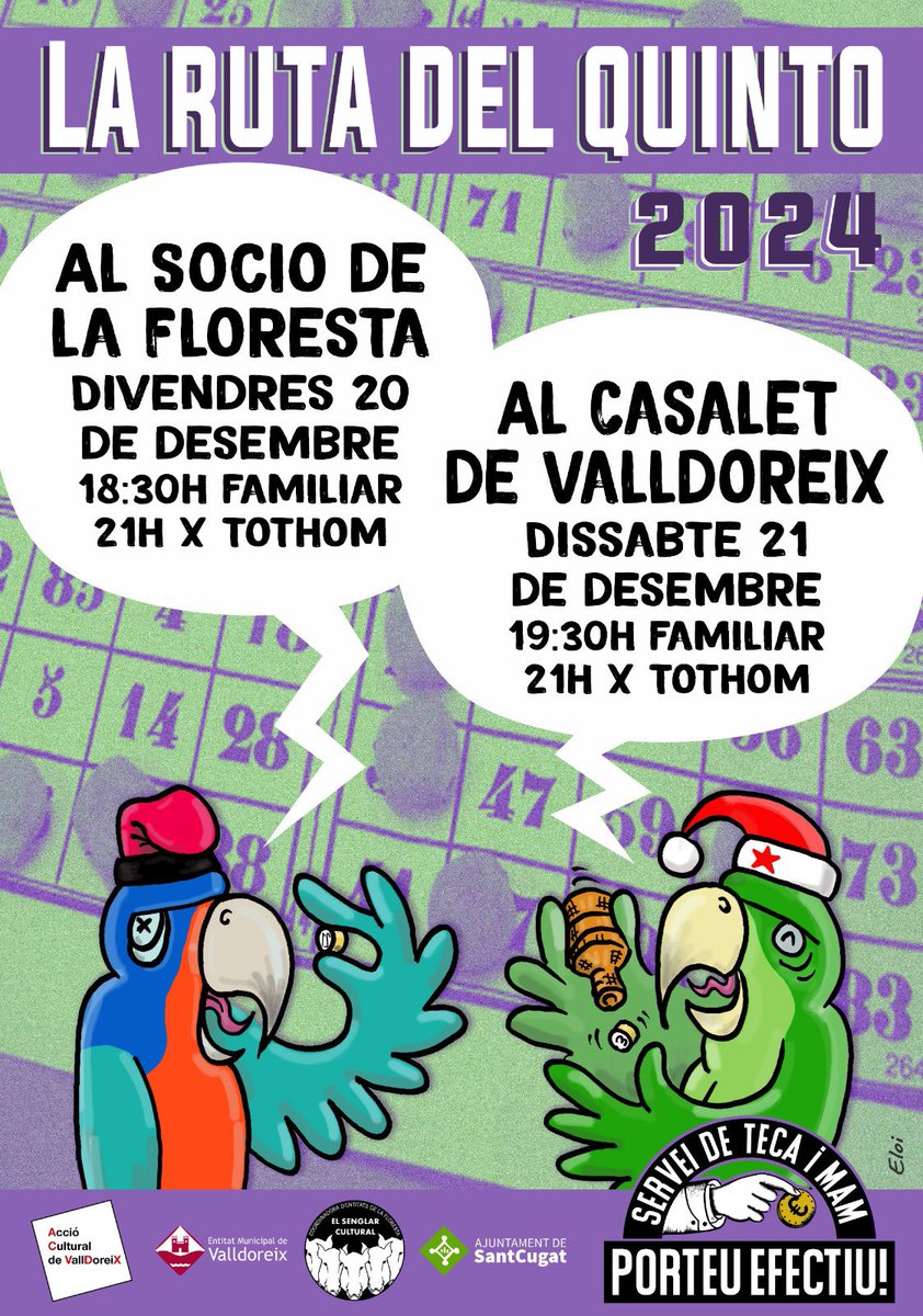 Gracia_Haddock's tweet image. 🦜I un de Pelat‼️
🎶 Quin? Quin? Quin?
🦜 El dia del Quinto a la Floresta‼️ El 20
🎶 Echamelo‼️
🦜 I suma-li 1‼️ El Quinto a Valldoreix‼️ El 21
🎶 Quintooooo‼️
🦜 Han picat Quinto‼️