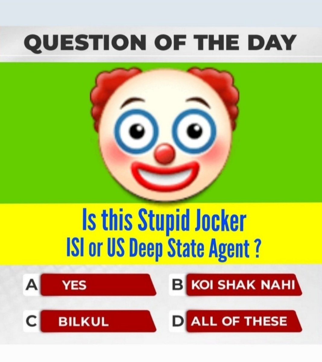 Arrest this jocker immediately!
<a href="/AkhileshSri54/">AkhileshSrivastava54</a> 
<a href="/AmitLeliSlayer/">Boiled Anda</a> 
<a href="/angryladki/">ANGRY BIRD 💎 (Modi का परिवार)</a> 
<a href="/bhil_mahavir/">mahavir p.bhil ( first nation & religion)</a> 
<a href="/Bittu2590/">🚩HINDU BITTU SHARMA🚩</a> 
<a href="/cdsmumbai2022/">Chakradhar Sarangi</a>
<a href="/Dhanesh52299862/">Dhanesh Singh</a>
<a href="/OfficeRajeev/">Office Rajeev Kumar</a>
<a href="/pallavict/">PallaviCT</a>
<a href="/23pradeepsingh/">Pradeep Singh</a> 
@_Tiwari__ 
<a href="/AchAnkurArya/">Ach. Ankur Arya Official</a> 
@AmarNat87959
