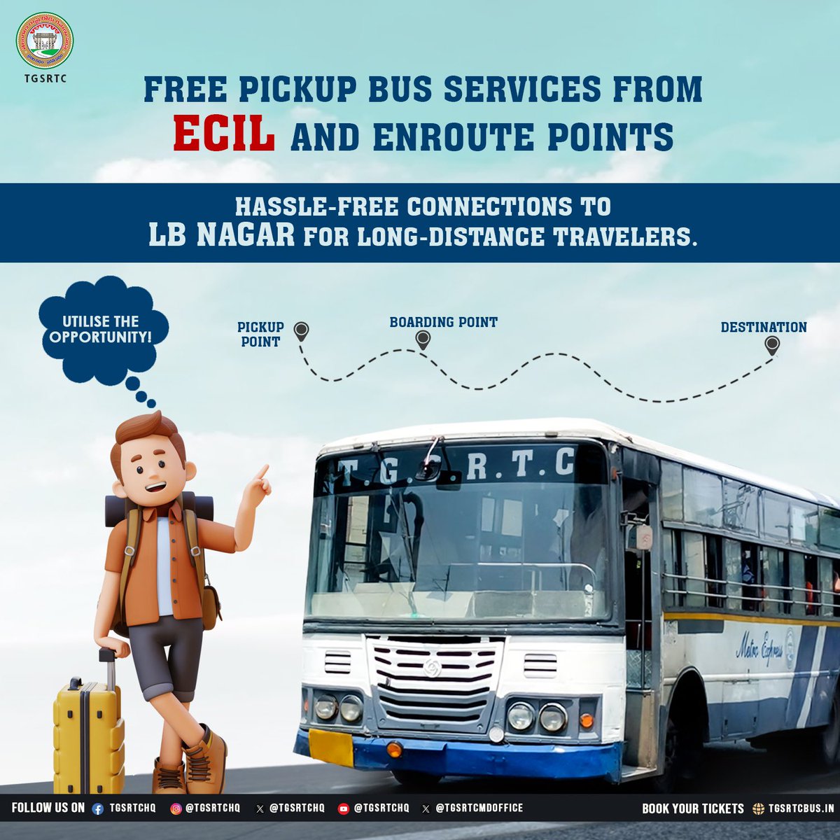 TGSRTCHQ's tweet image. Long-distance travel starts easier with free pickup buses from ECIL and enroute points.
Comfort &amp;amp; convenience with #TGSRTC. 

@revanth_anumula @Ponnam_INC @TelanganaCMO @SajjanarVC @CTM_MKTG_TGSRTC  

#Telangana #Hyderabad #TakingTelanganaForward